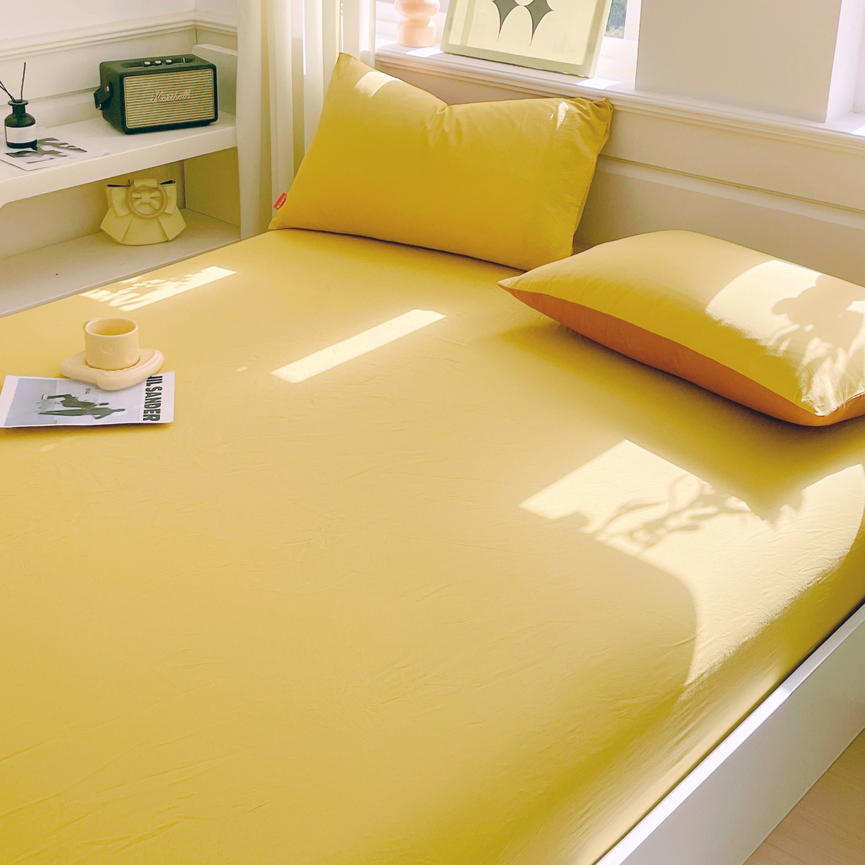 91家纺网 家纺一手货源 找家纺 春皖家纺 2026春夏新款全棉纯棉水洗棉单品系列床笠单件床笠单品-B版单床笠 素雅深黄