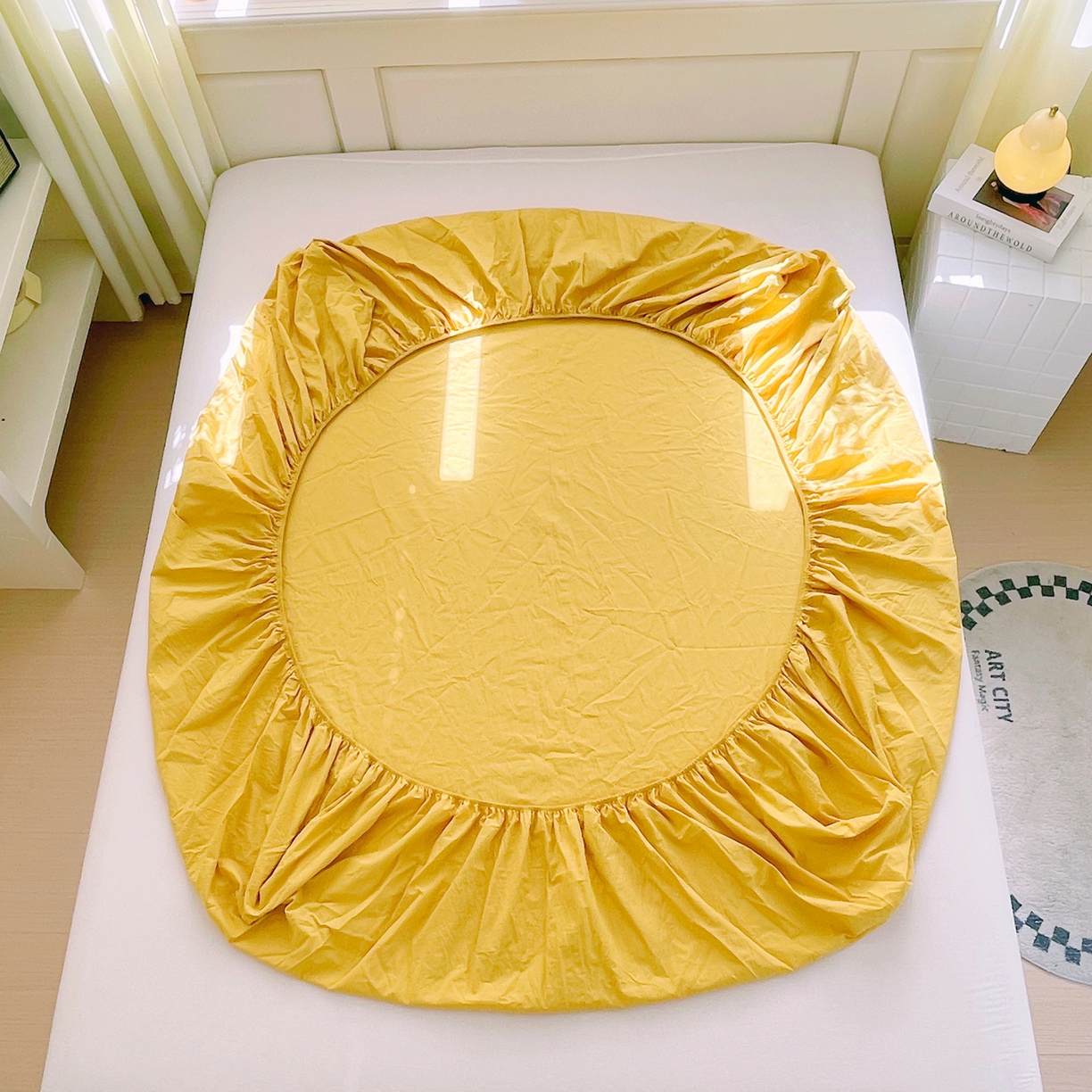 91家纺网 家纺一手货源 找家纺 春皖家纺 2026春夏新款全棉纯棉水洗棉单品系列床笠单件床笠单品-B版单床笠 素雅深黄