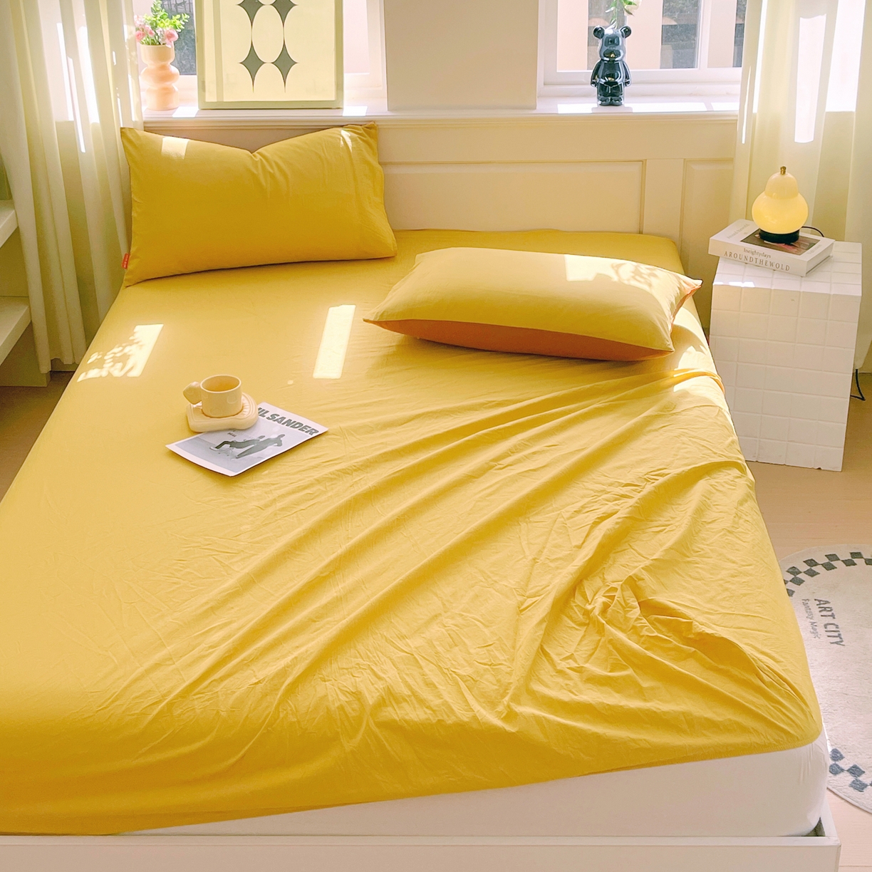 91家纺网 家纺一手货源 找家纺 春皖家纺 2026春夏新款全棉纯棉水洗棉单品系列床笠单件床笠单品-B版单床笠 素雅深黄