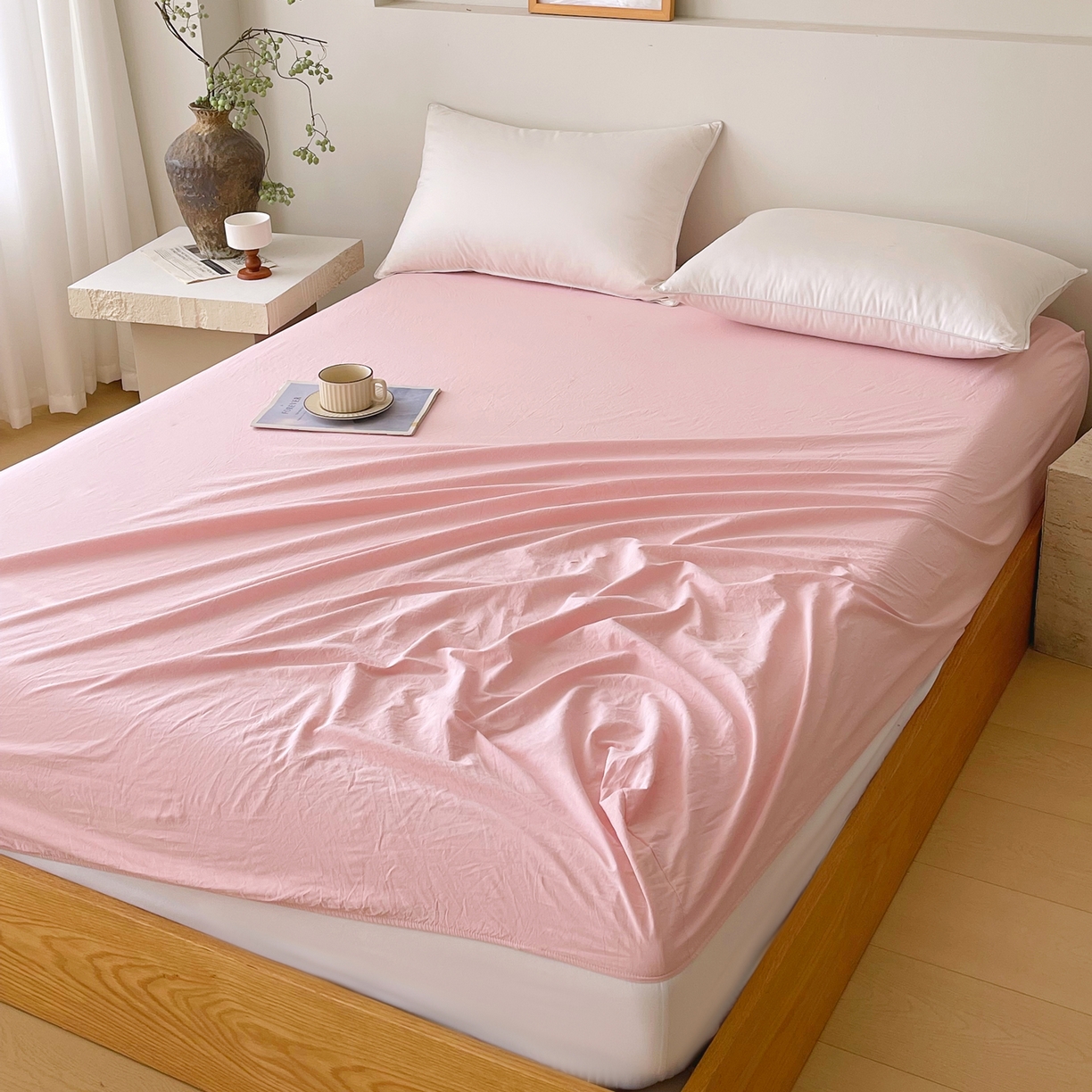 91家纺网 家纺一手货源 找家纺 春皖家纺 2026春夏新款全棉纯棉水洗棉单品系列床笠单件床笠单品-B版单床笠 樱花粉