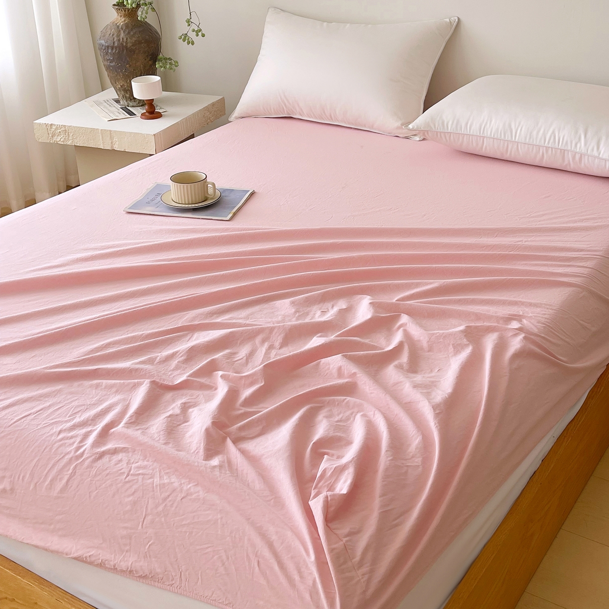 91家纺网 家纺一手货源 找家纺 春皖家纺 2026春夏新款全棉纯棉水洗棉单品系列床笠单件床笠单品-B版单床笠 樱花粉