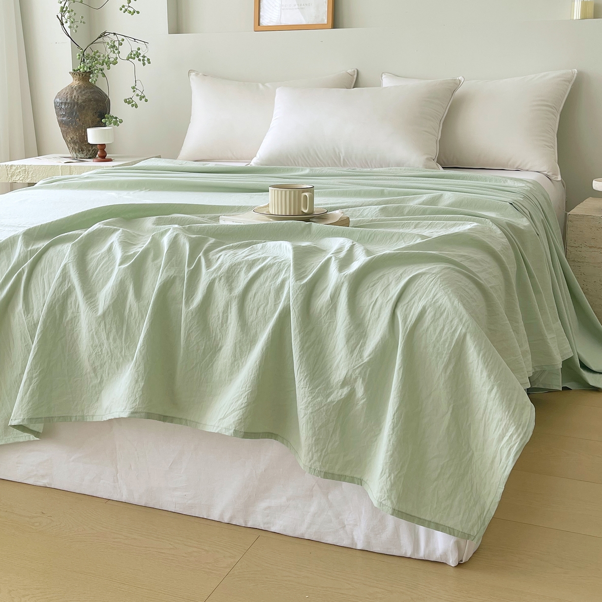 91家纺网 家纺一手货源 找家纺 春皖家纺 2026春夏新款全棉纯棉水洗棉单品系列床单单件床单单品-B版单床单 薄荷绿