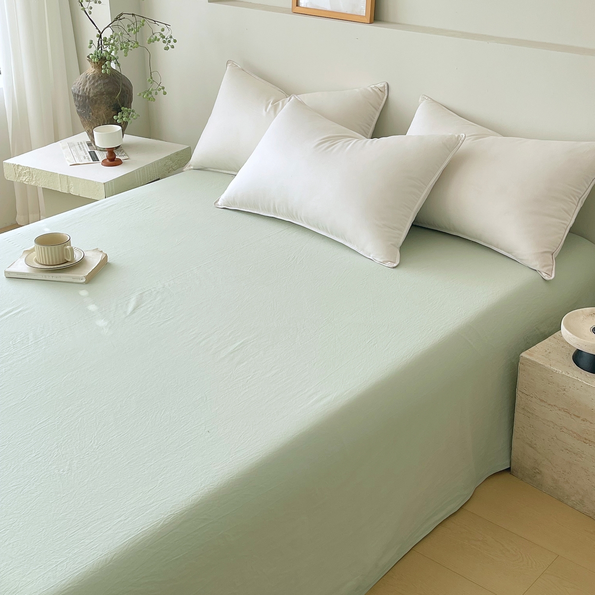 91家纺网 家纺一手货源 找家纺 春皖家纺 2026春夏新款全棉纯棉水洗棉单品系列床单单件床单单品-B版单床单 薄荷绿