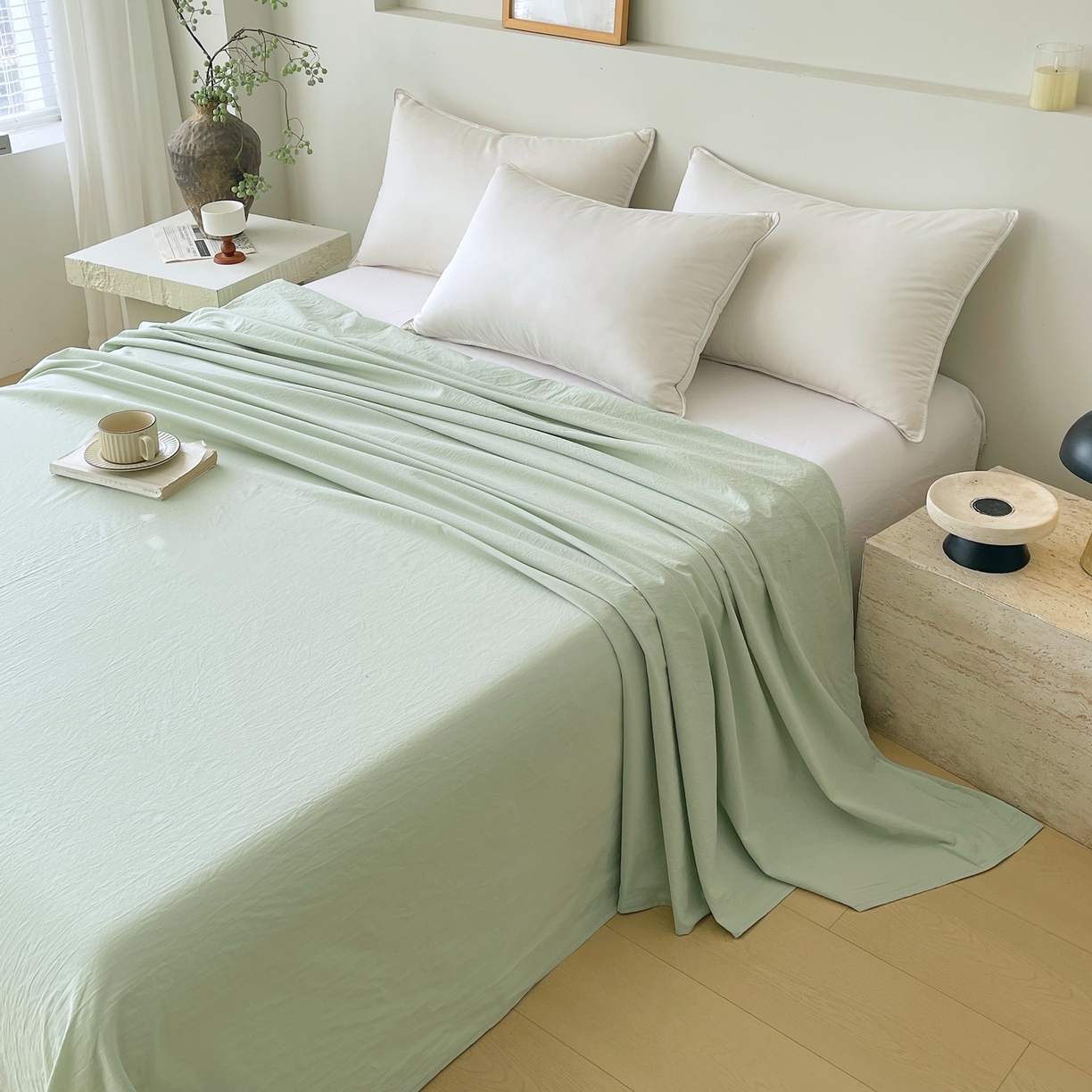 91家纺网 家纺一手货源 找家纺 春皖家纺 2026春夏新款全棉纯棉水洗棉单品系列床单单件床单单品-B版单床单 薄荷绿