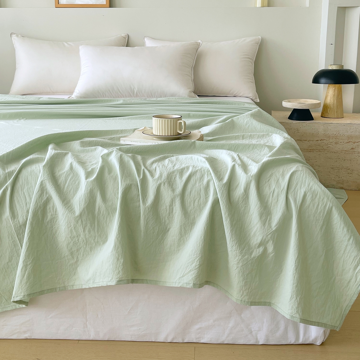 91家纺网 家纺一手货源 找家纺 春皖家纺 2026春夏新款全棉纯棉水洗棉单品系列床单单件床单单品-B版单床单 薄荷绿