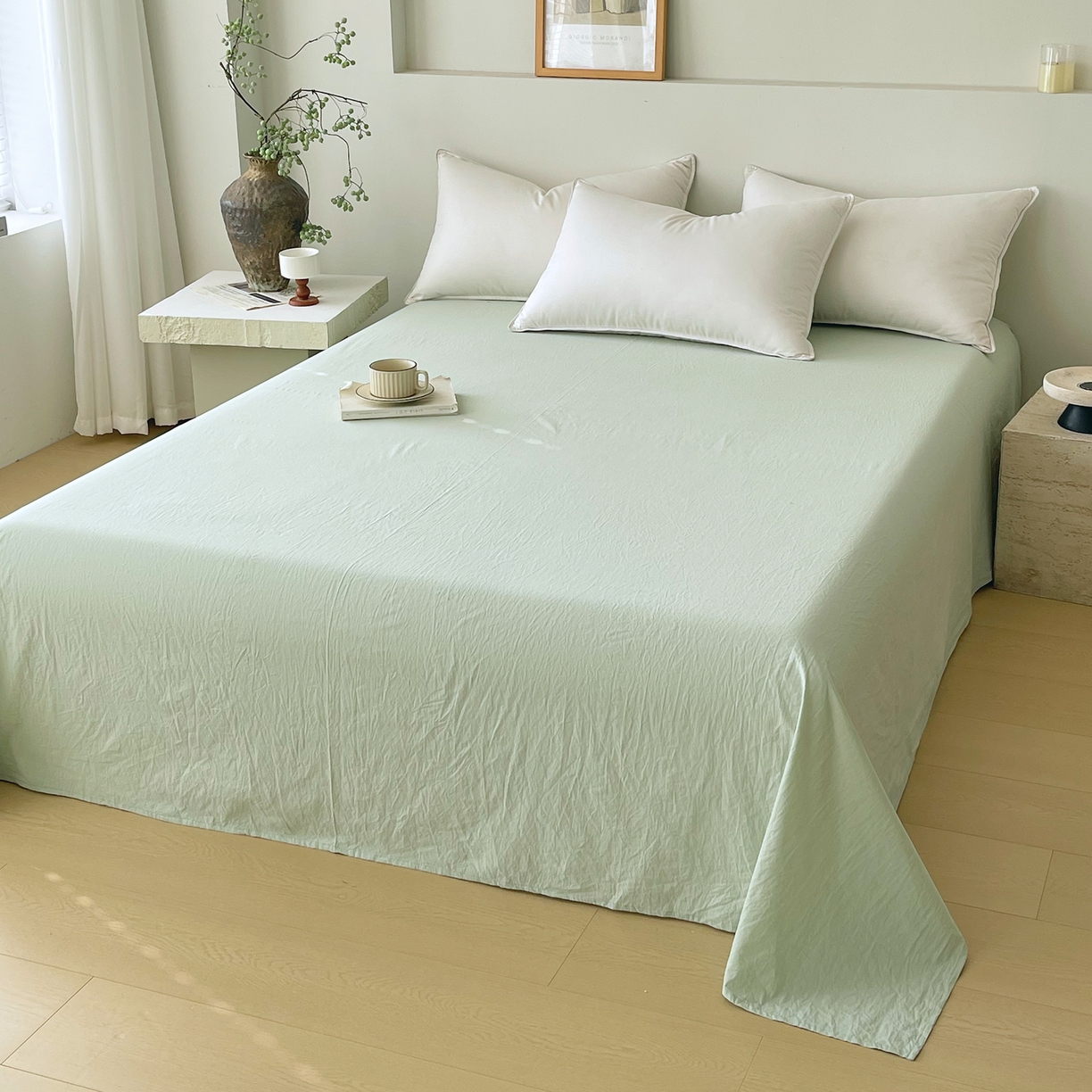 91家纺网 家纺一手货源 找家纺 春皖家纺 2026春夏新款全棉纯棉水洗棉单品系列床单单件床单单品-B版单床单 薄荷绿