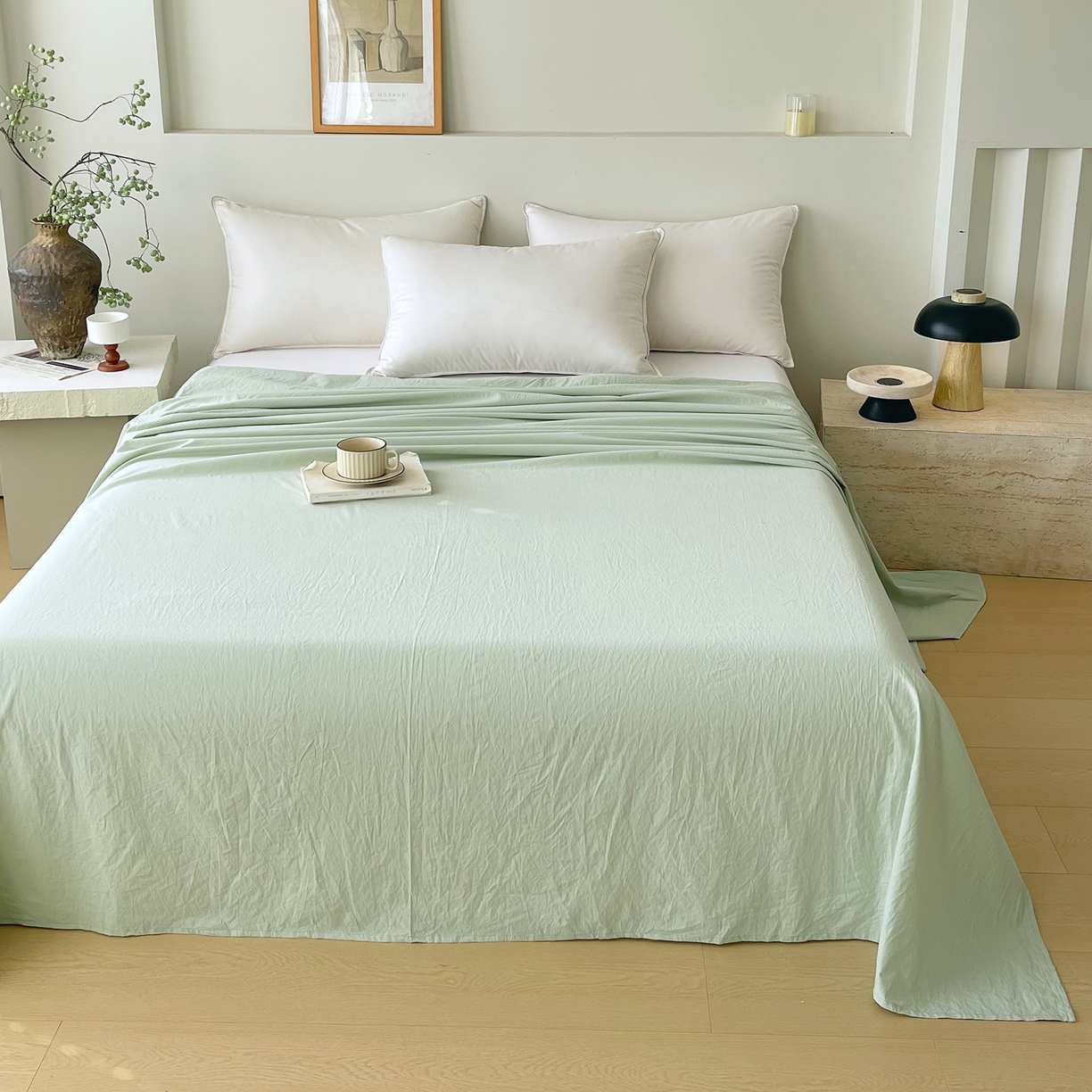 91家纺网 家纺一手货源 找家纺 春皖家纺 2026春夏新款全棉纯棉水洗棉单品系列床单单件床单单品-B版单床单 薄荷绿