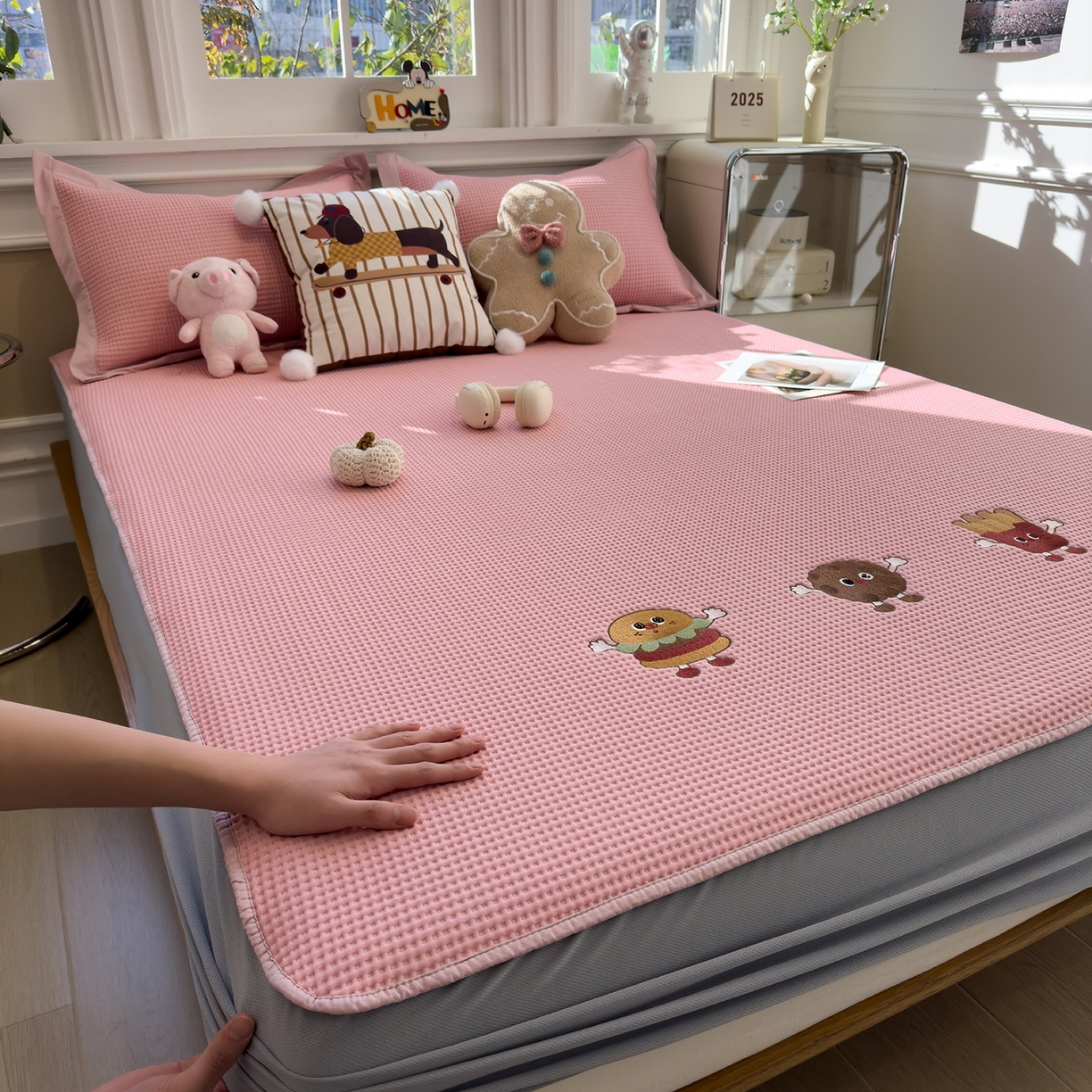 几禾 2026新款华夫格刺绣款席子凉席 可可喵派-床笠款