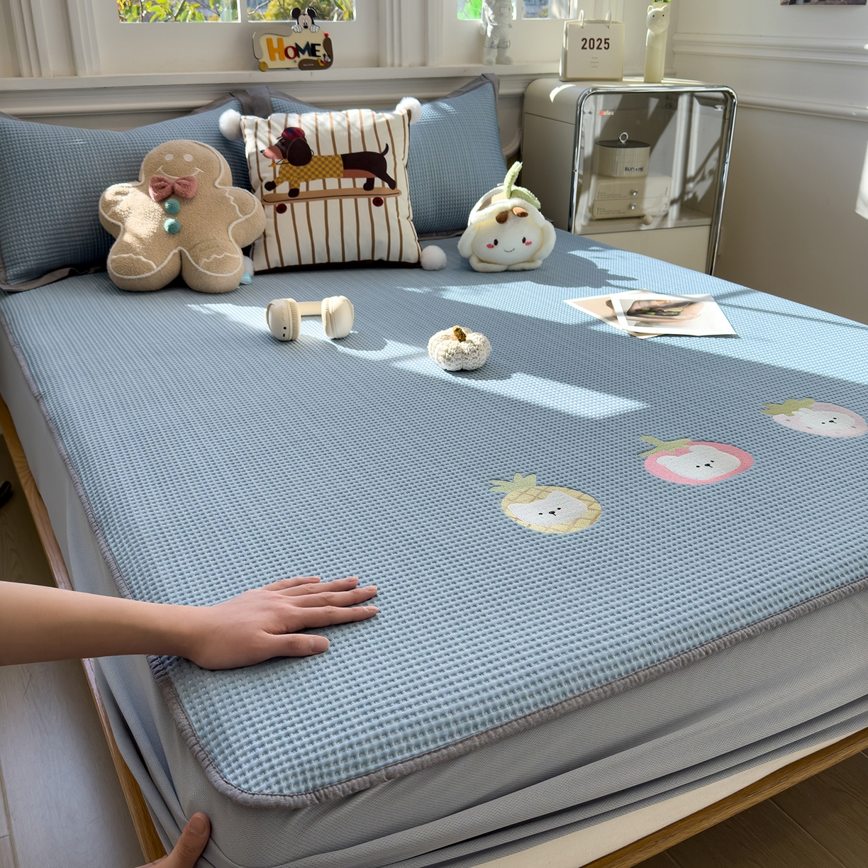 几禾 2026新款华夫格刺绣款席子凉席 奶冻喵-湖蓝-床笠款