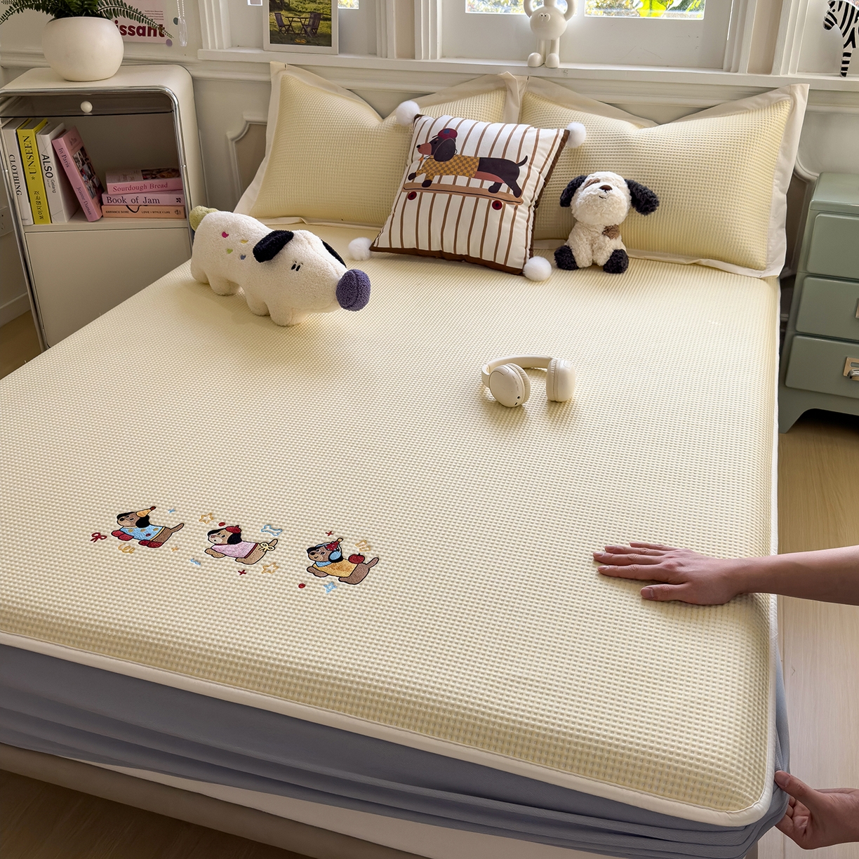 几禾 2026新款华夫格刺绣款席子凉席 趣味腊肠狗-床笠款