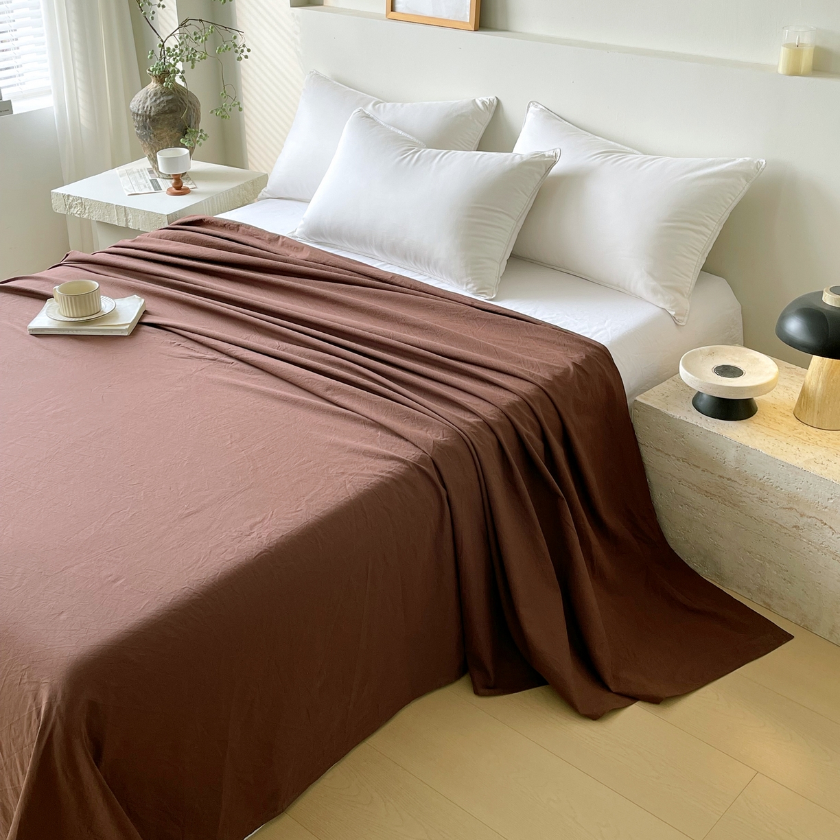 91家纺网 家纺一手货源 找家纺 春皖家纺 2026春夏新款全棉纯棉水洗棉单品系列床单单件床单单品-B版单床单 慕斯棕