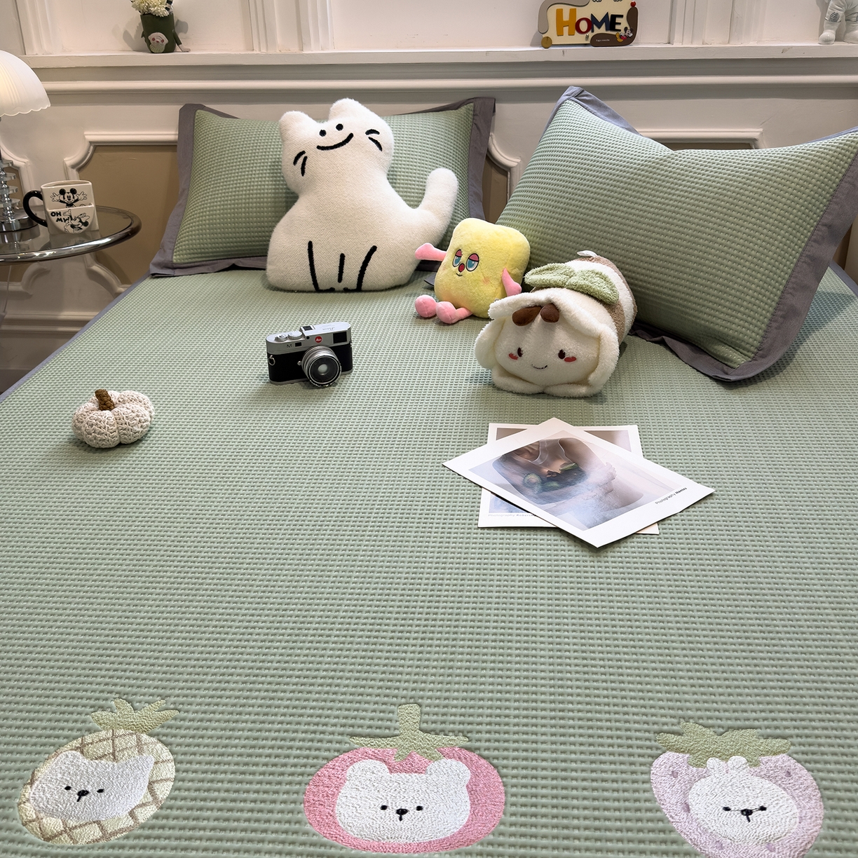 91家纺网 家纺一手货源 找家纺 几禾 2026新款华夫格刺绣款席子凉席 奶冻喵-果绿-床席款