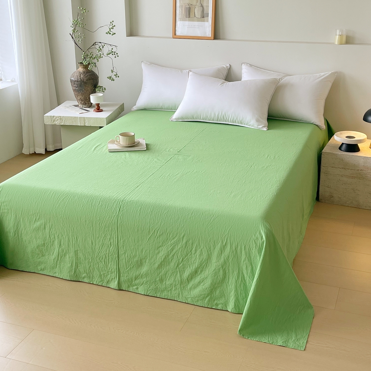 91家纺网 家纺一手货源 找家纺 春皖家纺 2026春夏新款全棉纯棉水洗棉单品系列床单单件床单单品-B版单床单 青草绿