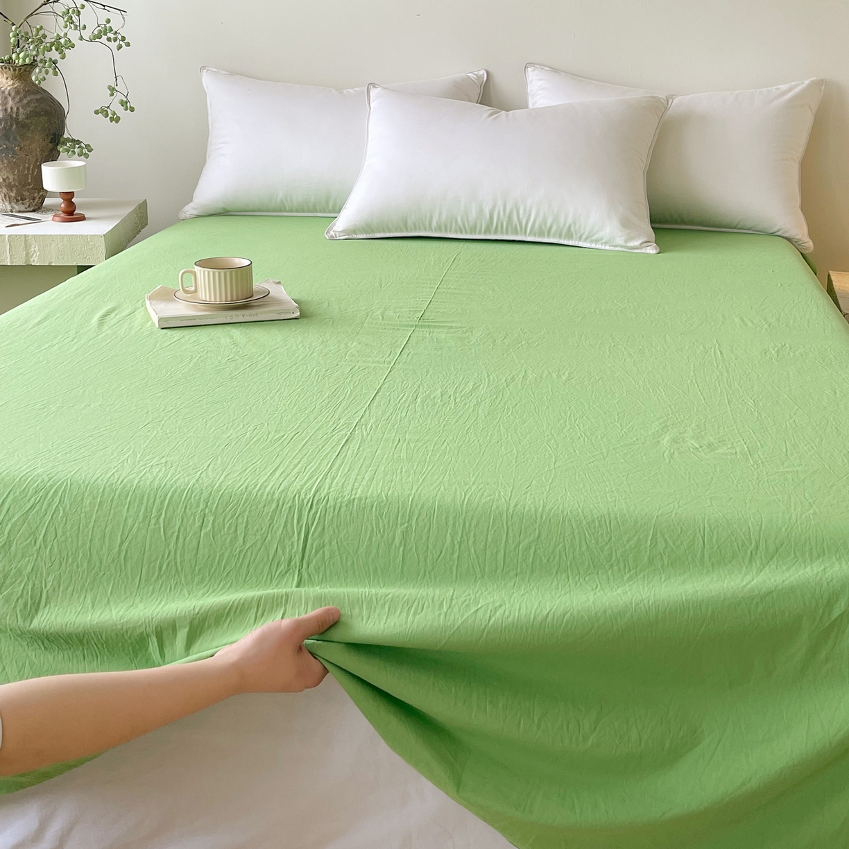 91家纺网 家纺一手货源 找家纺 春皖家纺 2026春夏新款全棉纯棉水洗棉单品系列床单单件床单单品-B版单床单 青草绿