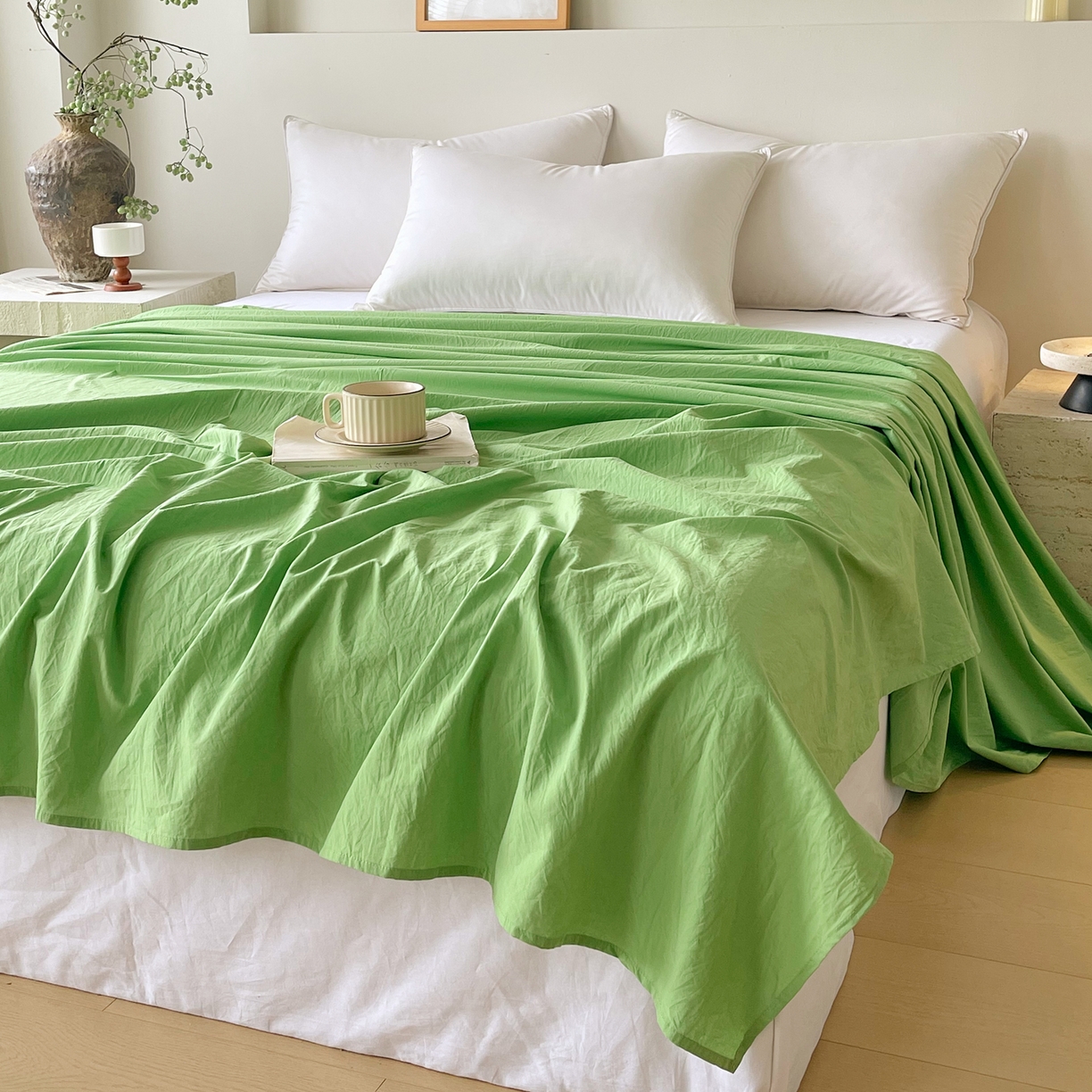 91家纺网 家纺一手货源 找家纺 春皖家纺 2026春夏新款全棉纯棉水洗棉单品系列床单单件床单单品-B版单床单 青草绿