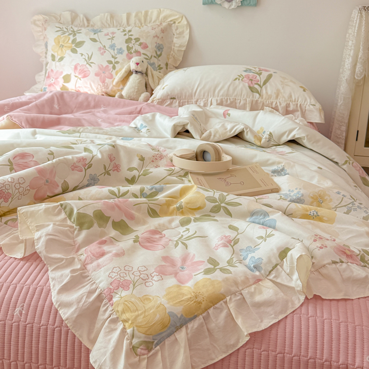 91家纺网 家纺一手货源 找家纺 简宜家居（朝初家纺） 2026新款全棉花边夏被全棉床盖夏被四件套 蕾丝花镜