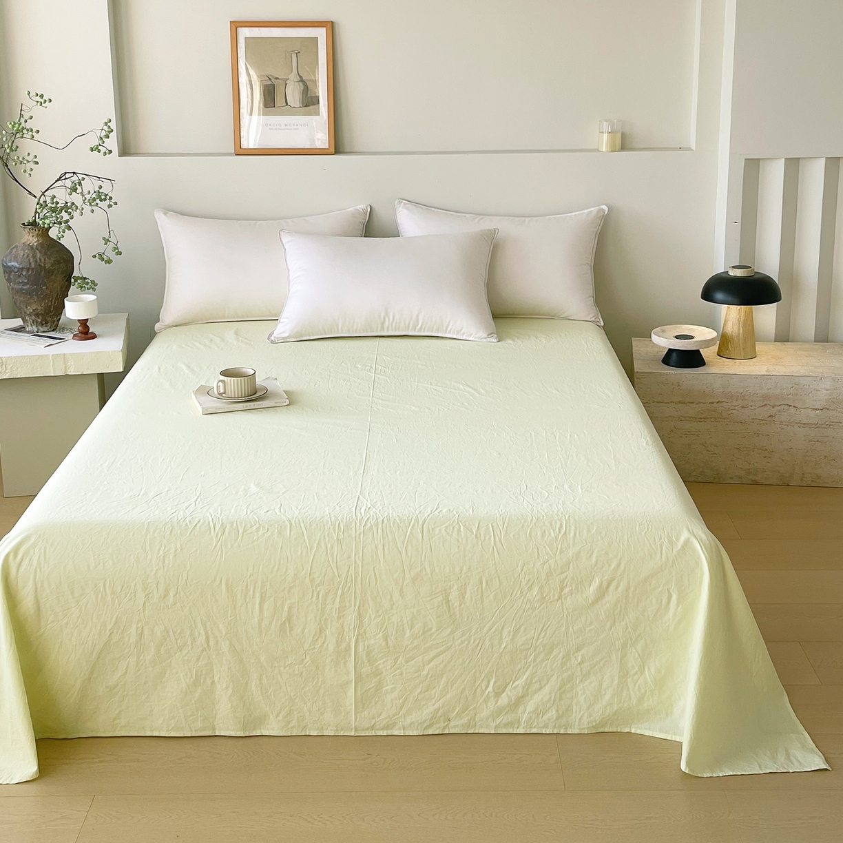 91家纺网 家纺一手货源 找家纺 春皖家纺 2026春夏新款全棉纯棉水洗棉单品系列床单单件床单单品-B版单床单 素雅淡黄