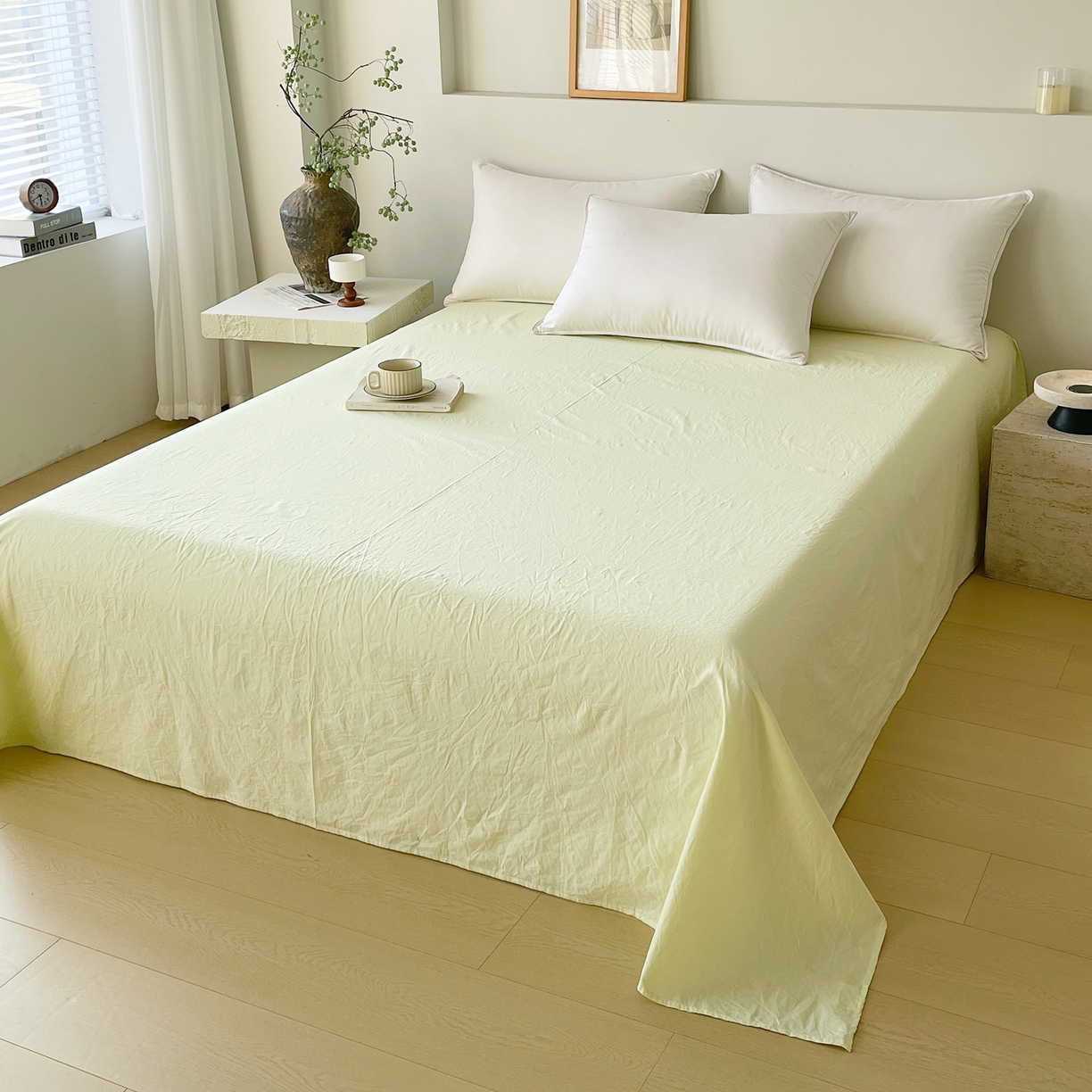 91家纺网 家纺一手货源 找家纺 春皖家纺 2026春夏新款全棉纯棉水洗棉单品系列床单单件床单单品-B版单床单 素雅淡黄