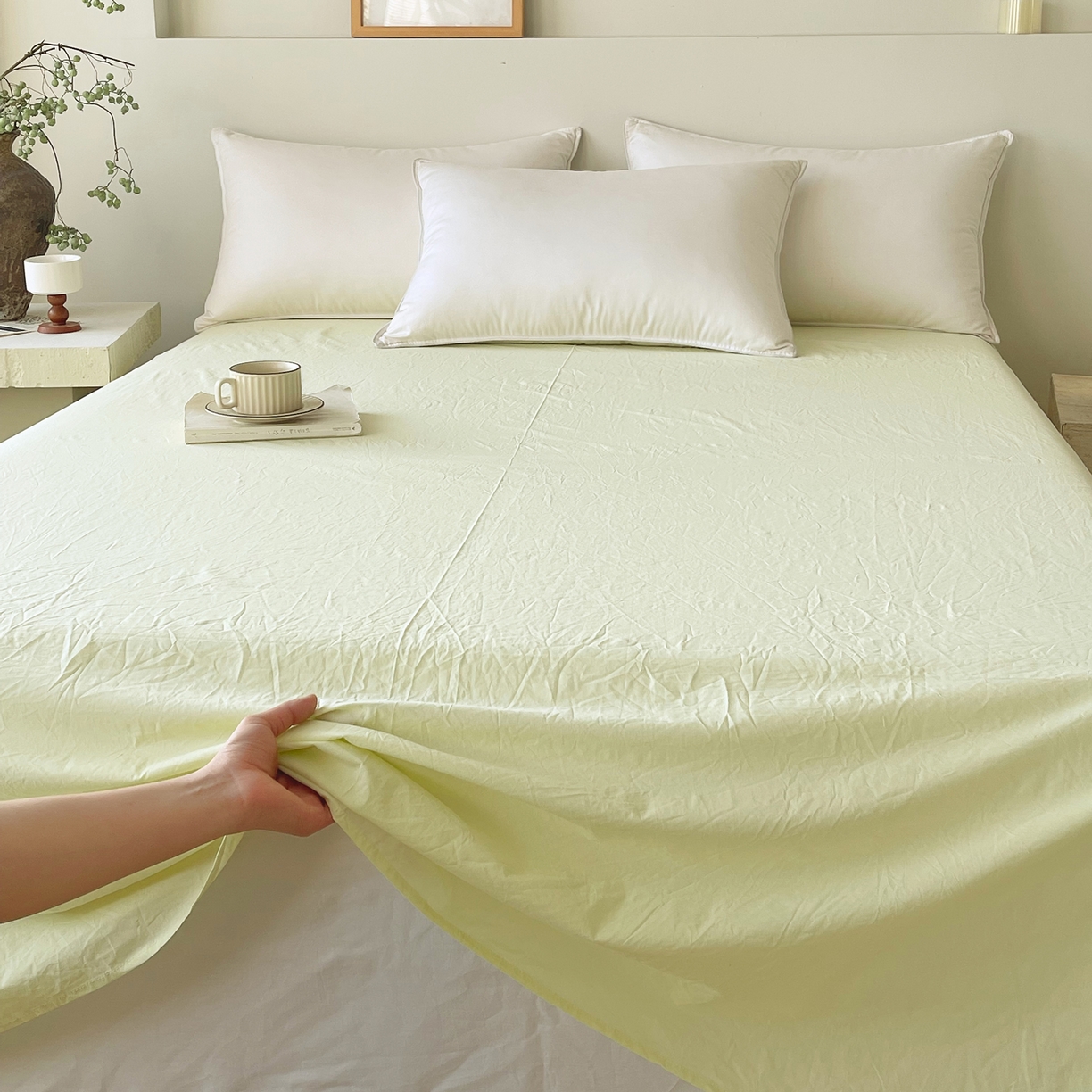 91家纺网 家纺一手货源 找家纺 春皖家纺 2026春夏新款全棉纯棉水洗棉单品系列床单单件床单单品-B版单床单 素雅淡黄