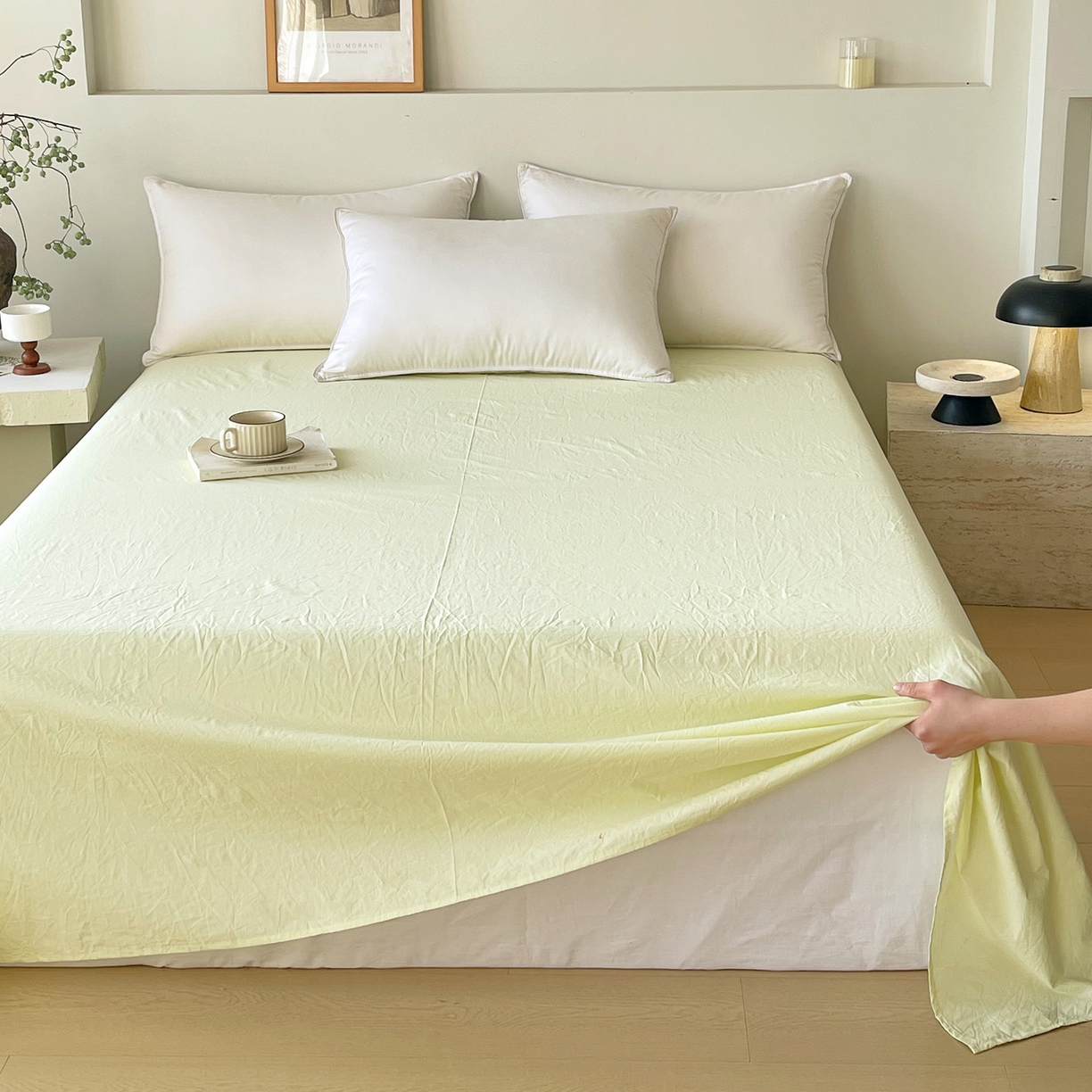 91家纺网 家纺一手货源 找家纺 春皖家纺 2026春夏新款全棉纯棉水洗棉单品系列床单单件床单单品-B版单床单 素雅淡黄