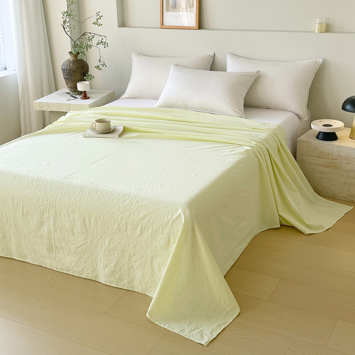 91家纺网 家纺一手货源 找家纺 春皖家纺 2026春夏新款全棉纯棉水洗棉单品系列床单单件床单单品-B版单床单 素雅淡黄