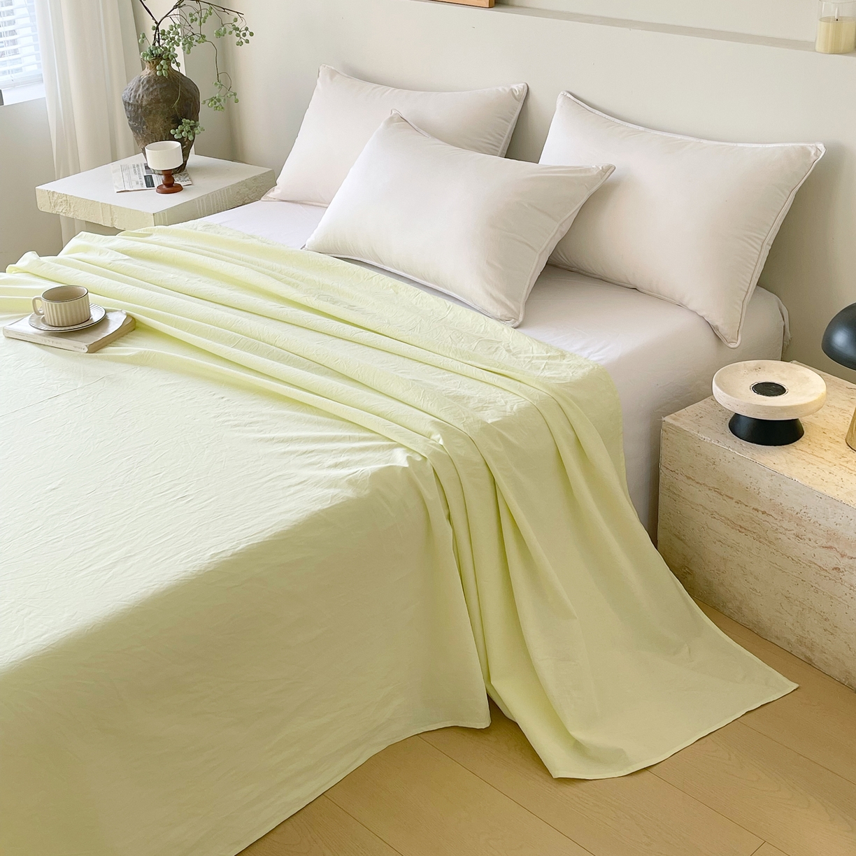 91家纺网 家纺一手货源 找家纺 春皖家纺 2026春夏新款全棉纯棉水洗棉单品系列床单单件床单单品-B版单床单 素雅淡黄