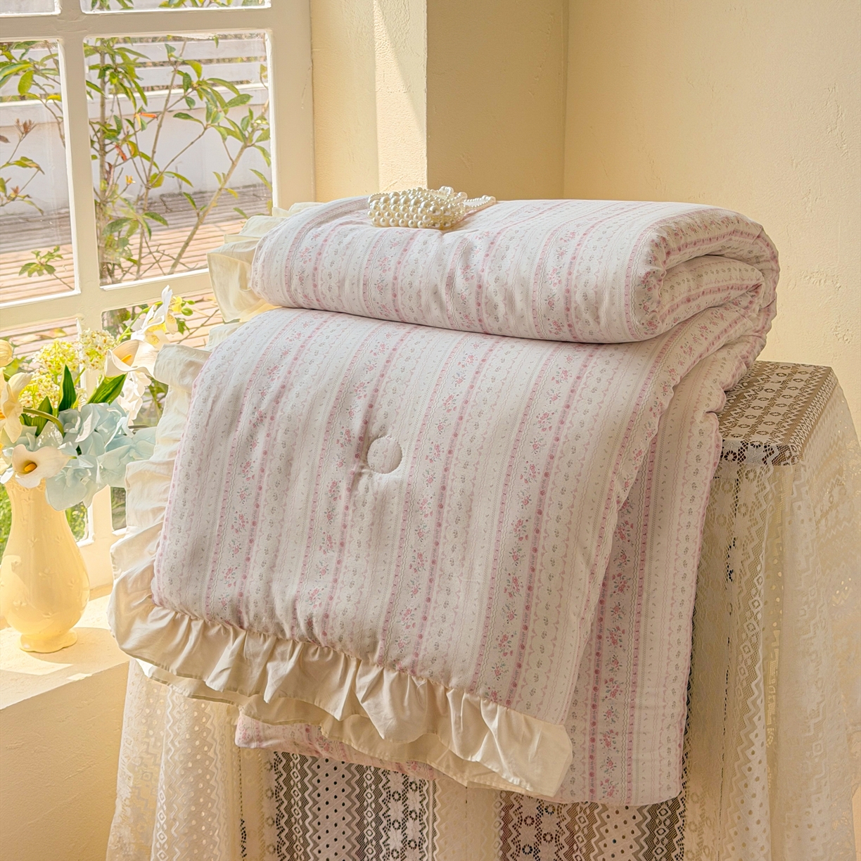 简宜家居（朝初家纺） 2026新款全棉花边夏被全棉床盖夏被四件套 素条花-粉