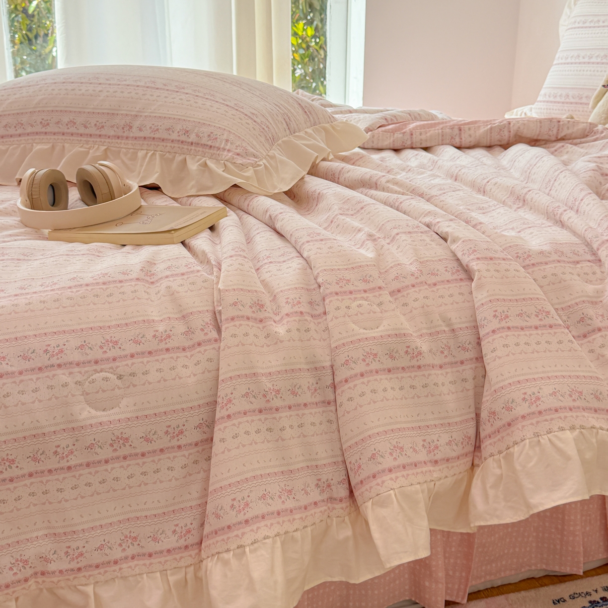 91家纺网 家纺一手货源 找家纺 简宜家居（朝初家纺） 2026新款全棉花边夏被全棉床盖夏被四件套 素条花-粉