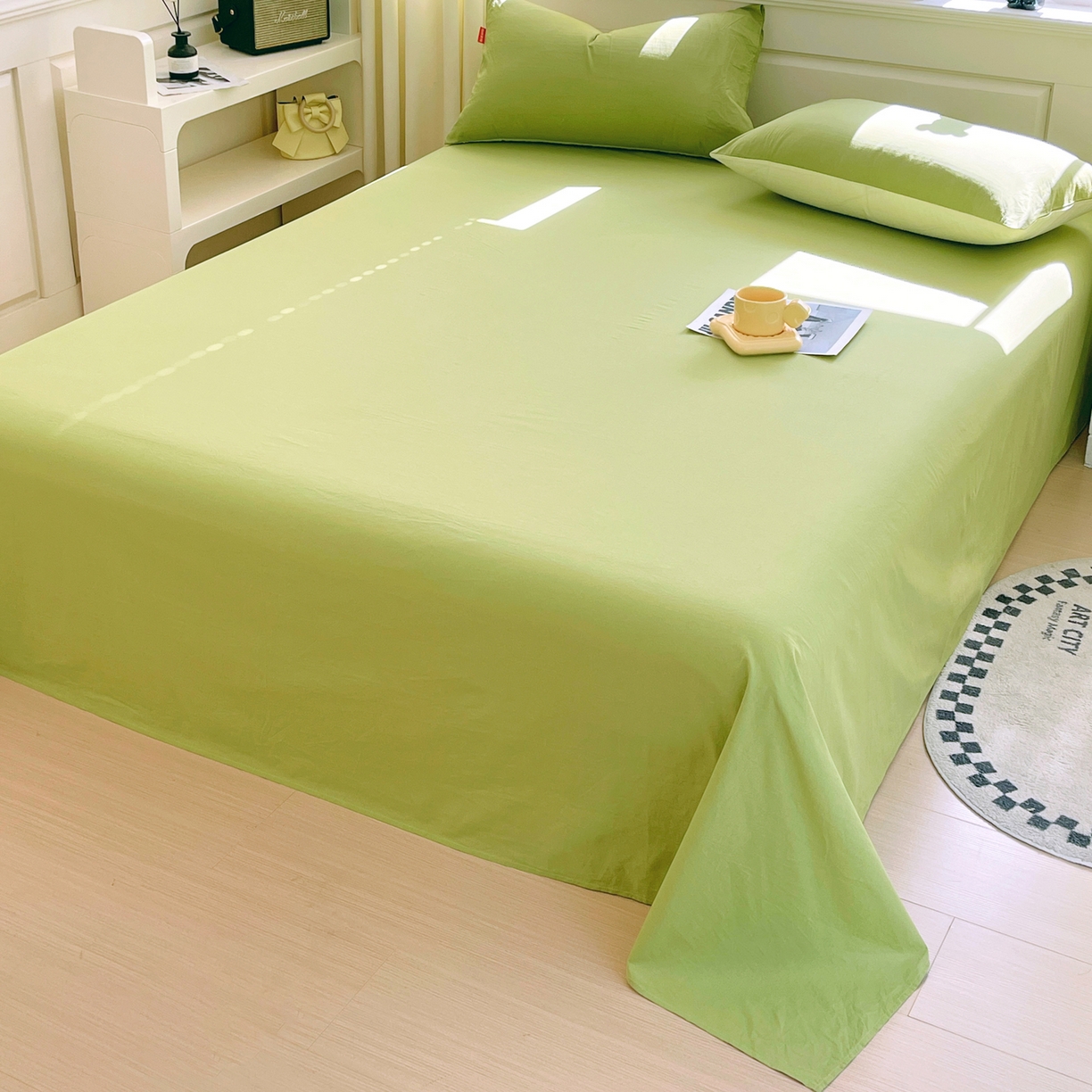 91家纺网 家纺一手货源 找家纺 春皖家纺 2026春夏新款全棉纯棉水洗棉单品系列床单单件床单单品-B版单床单 素雅果绿