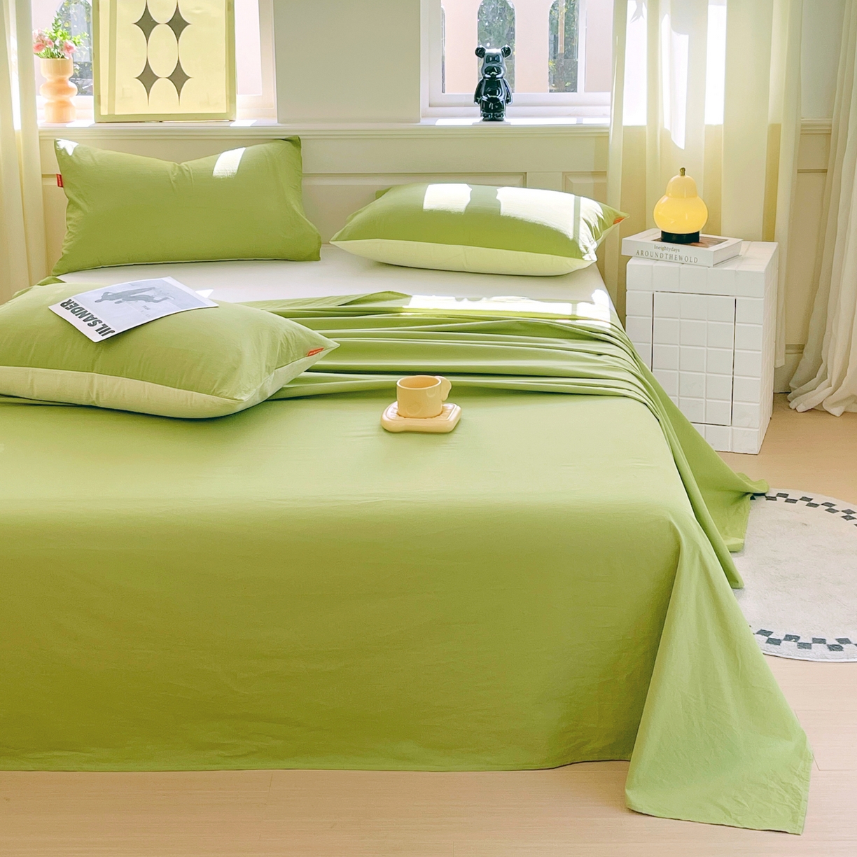 91家纺网 家纺一手货源 找家纺 春皖家纺 2026春夏新款全棉纯棉水洗棉单品系列床单单件床单单品-B版单床单 素雅果绿