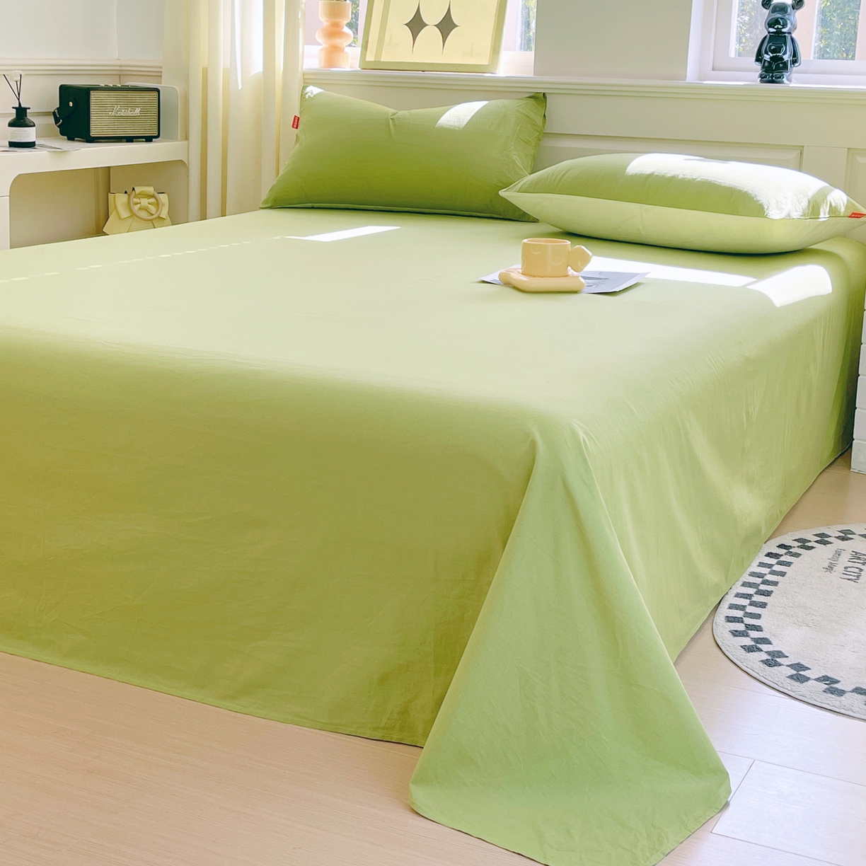 91家纺网 家纺一手货源 找家纺 春皖家纺 2026春夏新款全棉纯棉水洗棉单品系列床单单件床单单品-B版单床单 素雅果绿