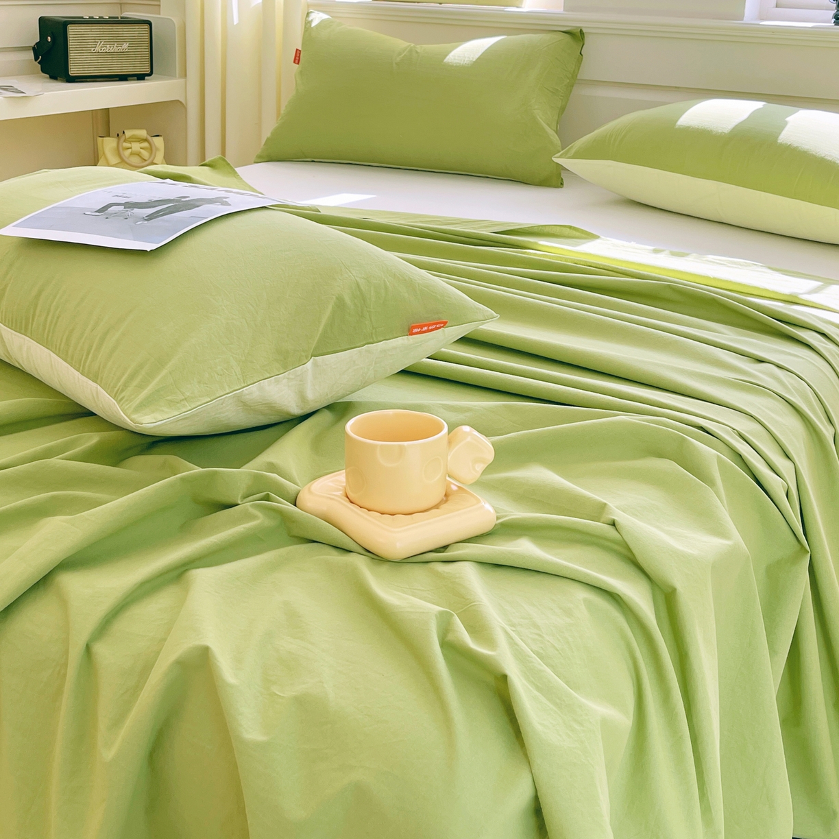 91家纺网 家纺一手货源 找家纺 春皖家纺 2026春夏新款全棉纯棉水洗棉单品系列床单单件床单单品-B版单床单 素雅果绿