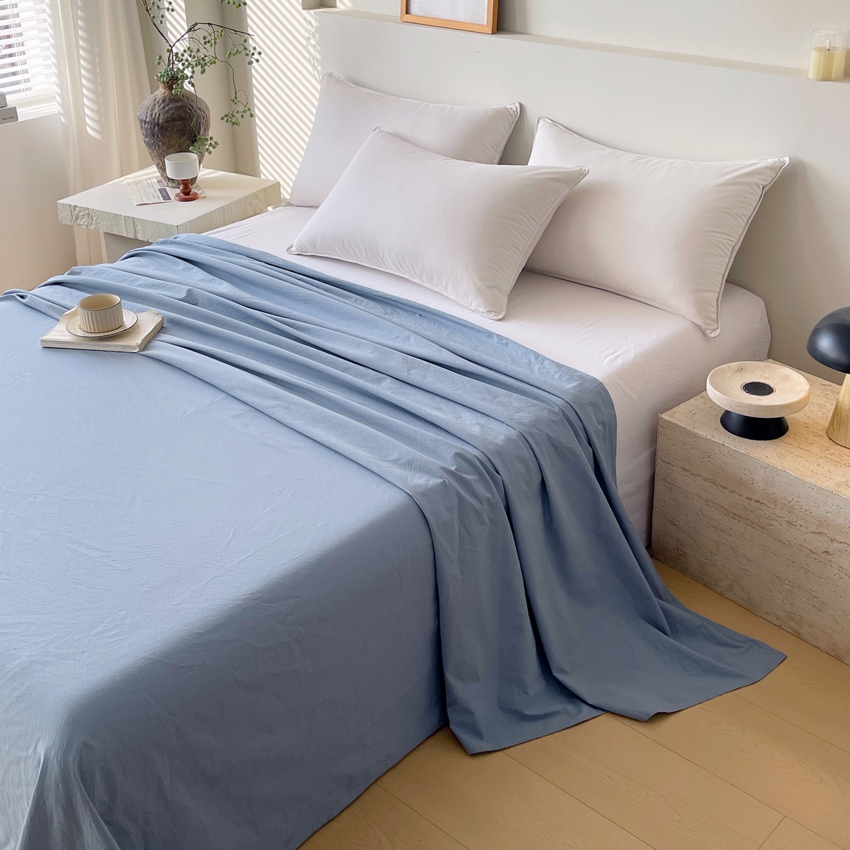 91家纺网 家纺一手货源 找家纺 春皖家纺 2026春夏新款全棉纯棉水洗棉单品系列床单单件床单单品-B版单床单 素雅幻蓝