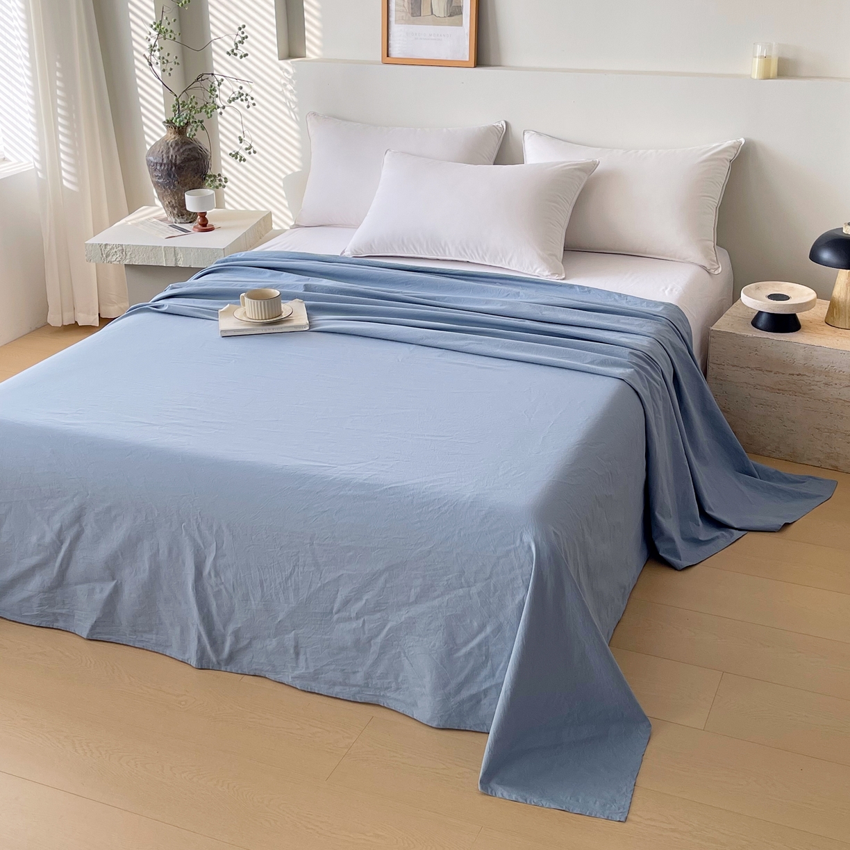 91家纺网 家纺一手货源 找家纺 春皖家纺 2026春夏新款全棉纯棉水洗棉单品系列床单单件床单单品-B版单床单 素雅幻蓝