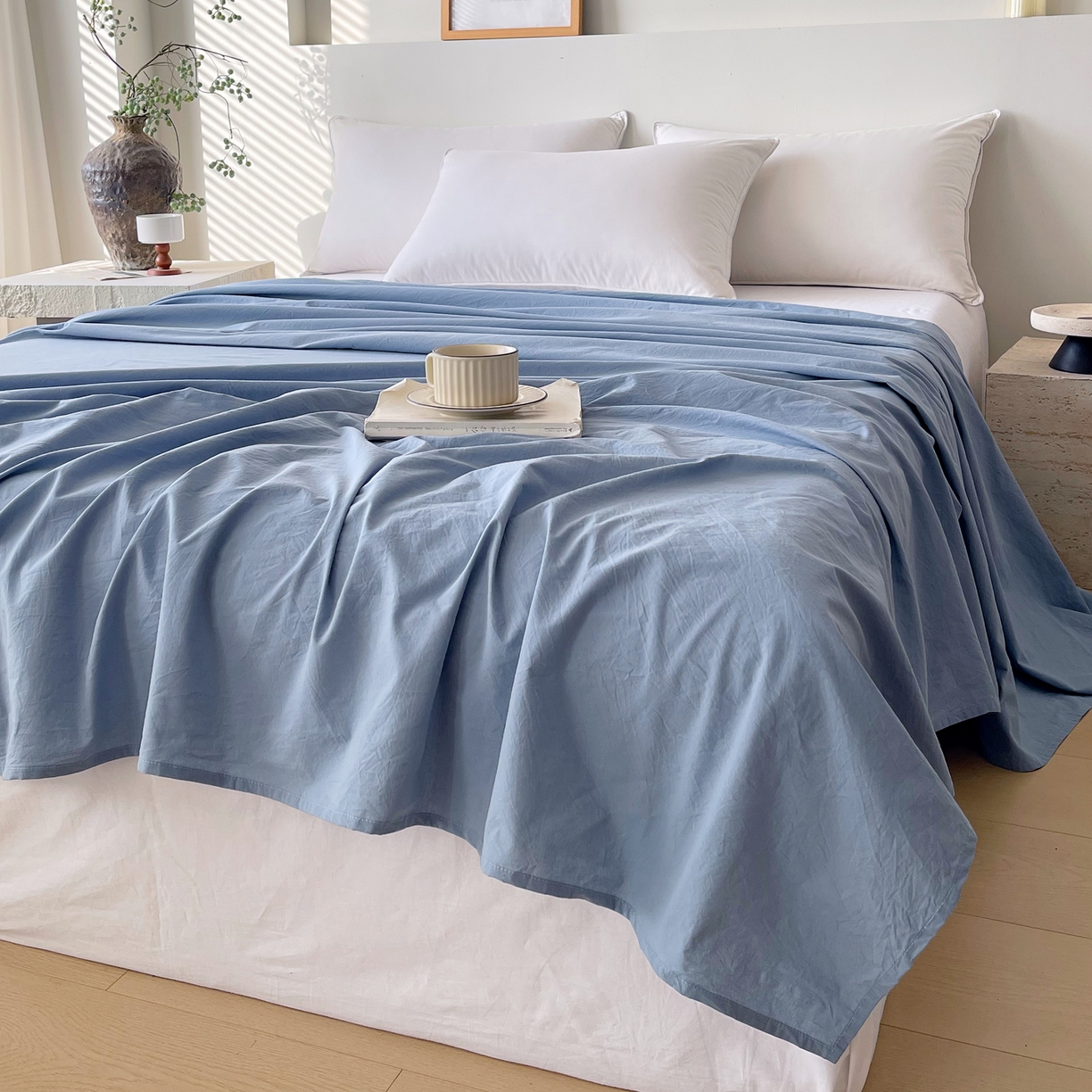 91家纺网 家纺一手货源 找家纺 春皖家纺 2026春夏新款全棉纯棉水洗棉单品系列床单单件床单单品-B版单床单 素雅幻蓝