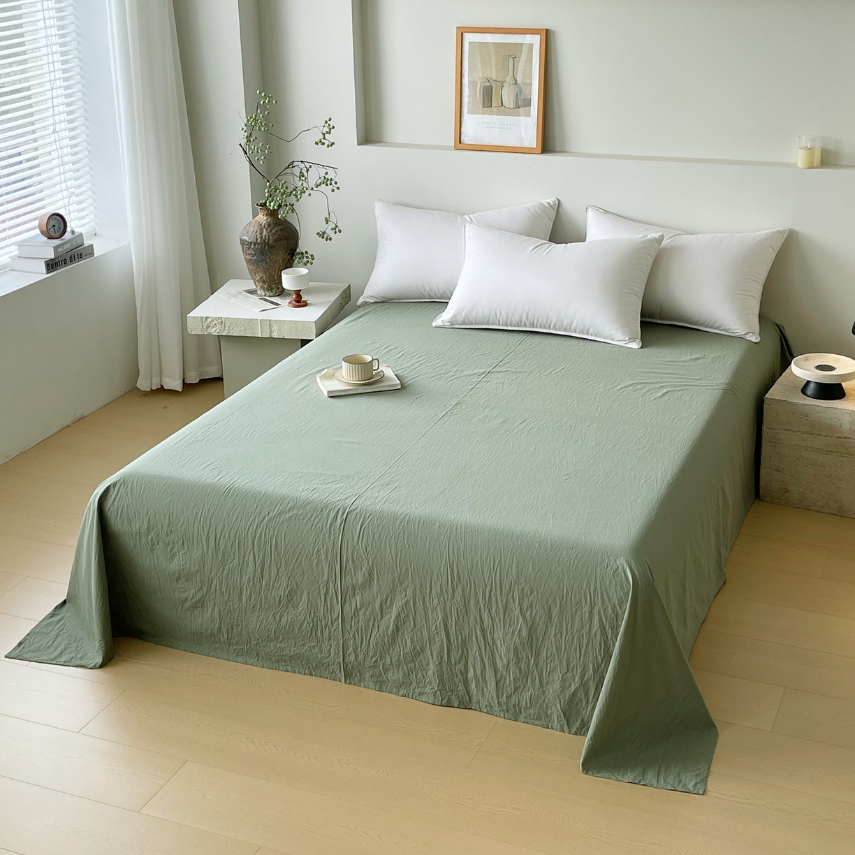 91家纺网 家纺一手货源 找家纺 春皖家纺 2026春夏新款全棉纯棉水洗棉单品系列床单单件床单单品-B版单床单 素雅军绿