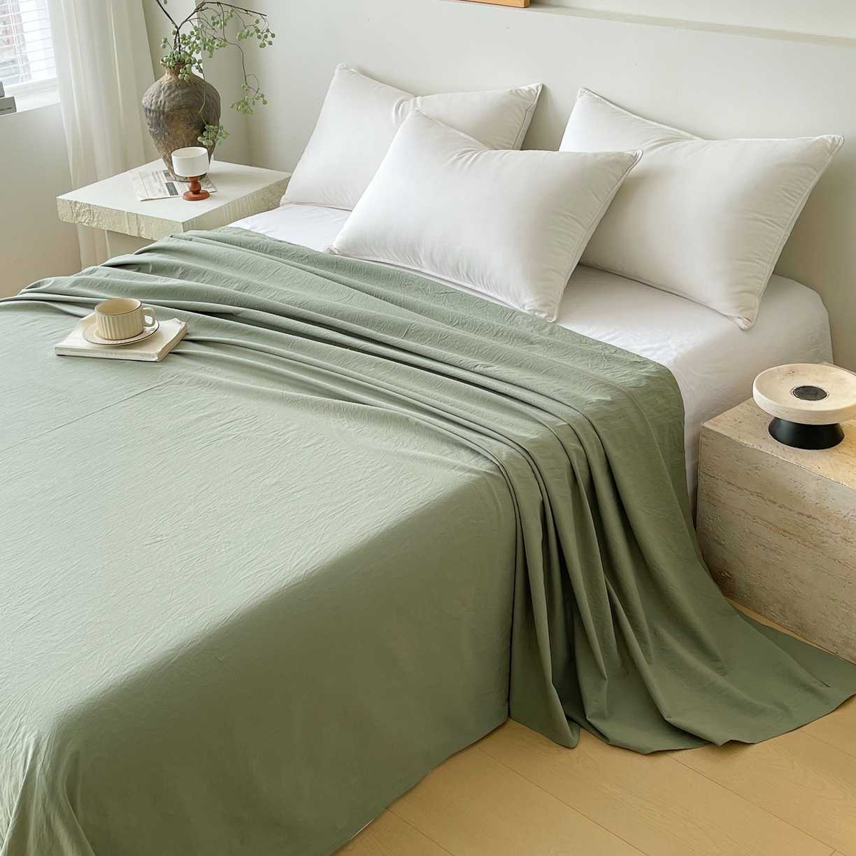 91家纺网 家纺一手货源 找家纺 春皖家纺 2026春夏新款全棉纯棉水洗棉单品系列床单单件床单单品-B版单床单 素雅军绿