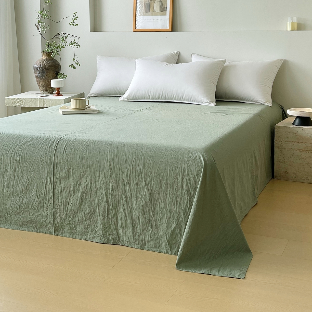 91家纺网 家纺一手货源 找家纺 春皖家纺 2026春夏新款全棉纯棉水洗棉单品系列床单单件床单单品-B版单床单 素雅军绿