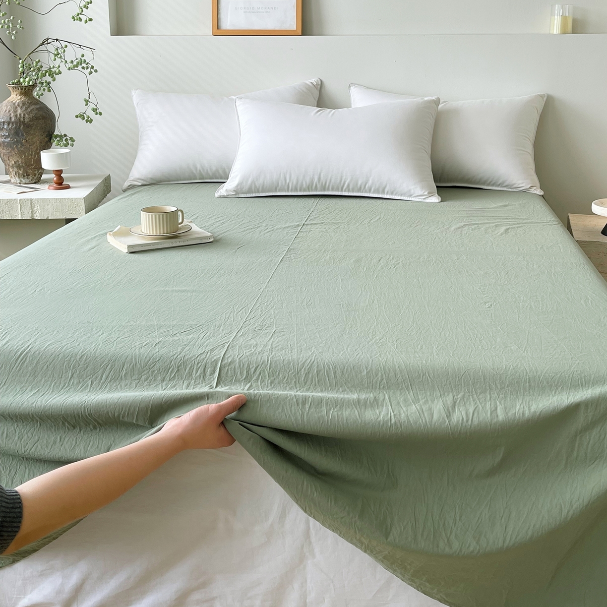 91家纺网 家纺一手货源 找家纺 春皖家纺 2026春夏新款全棉纯棉水洗棉单品系列床单单件床单单品-B版单床单 素雅军绿