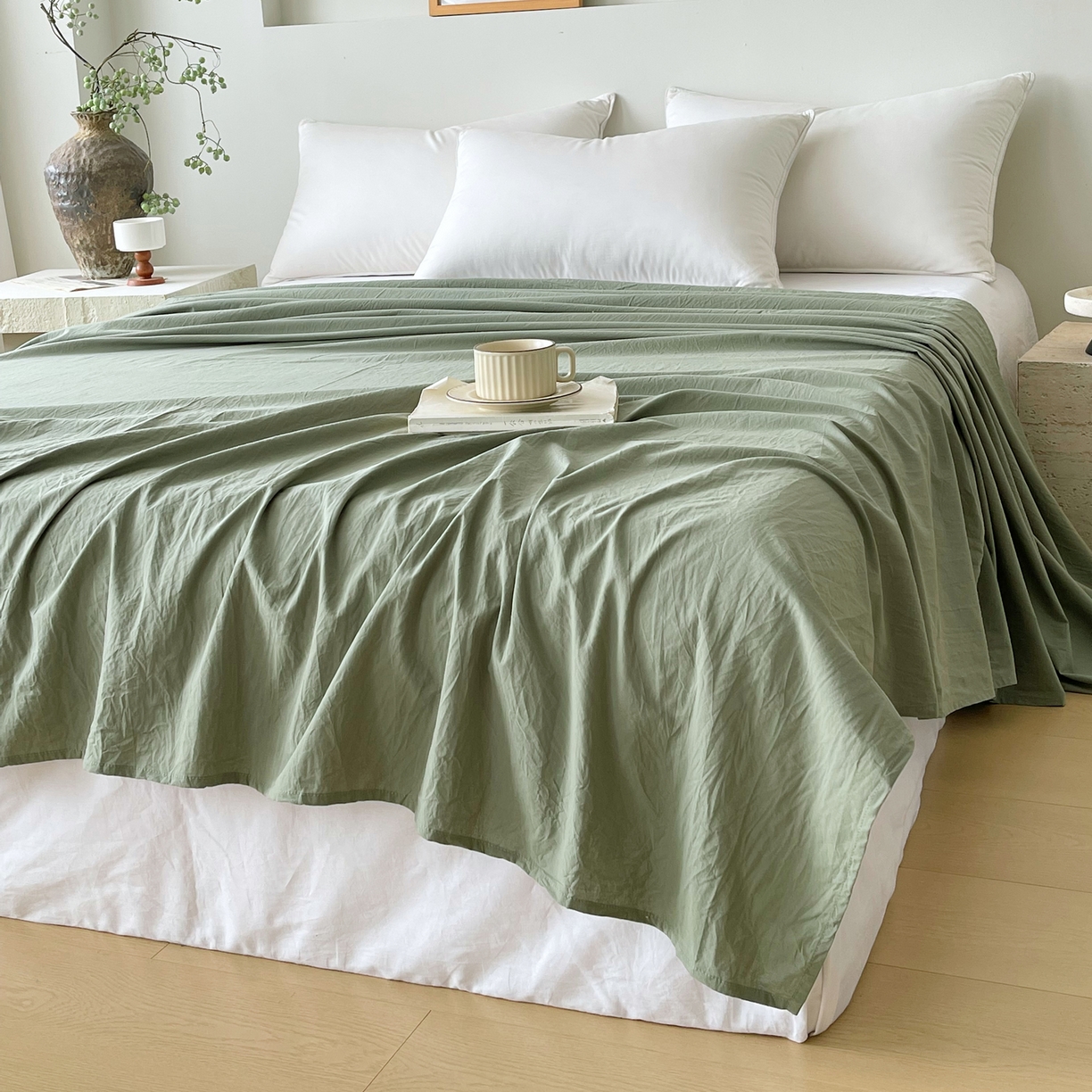 91家纺网 家纺一手货源 找家纺 春皖家纺 2026春夏新款全棉纯棉水洗棉单品系列床单单件床单单品-B版单床单 素雅军绿