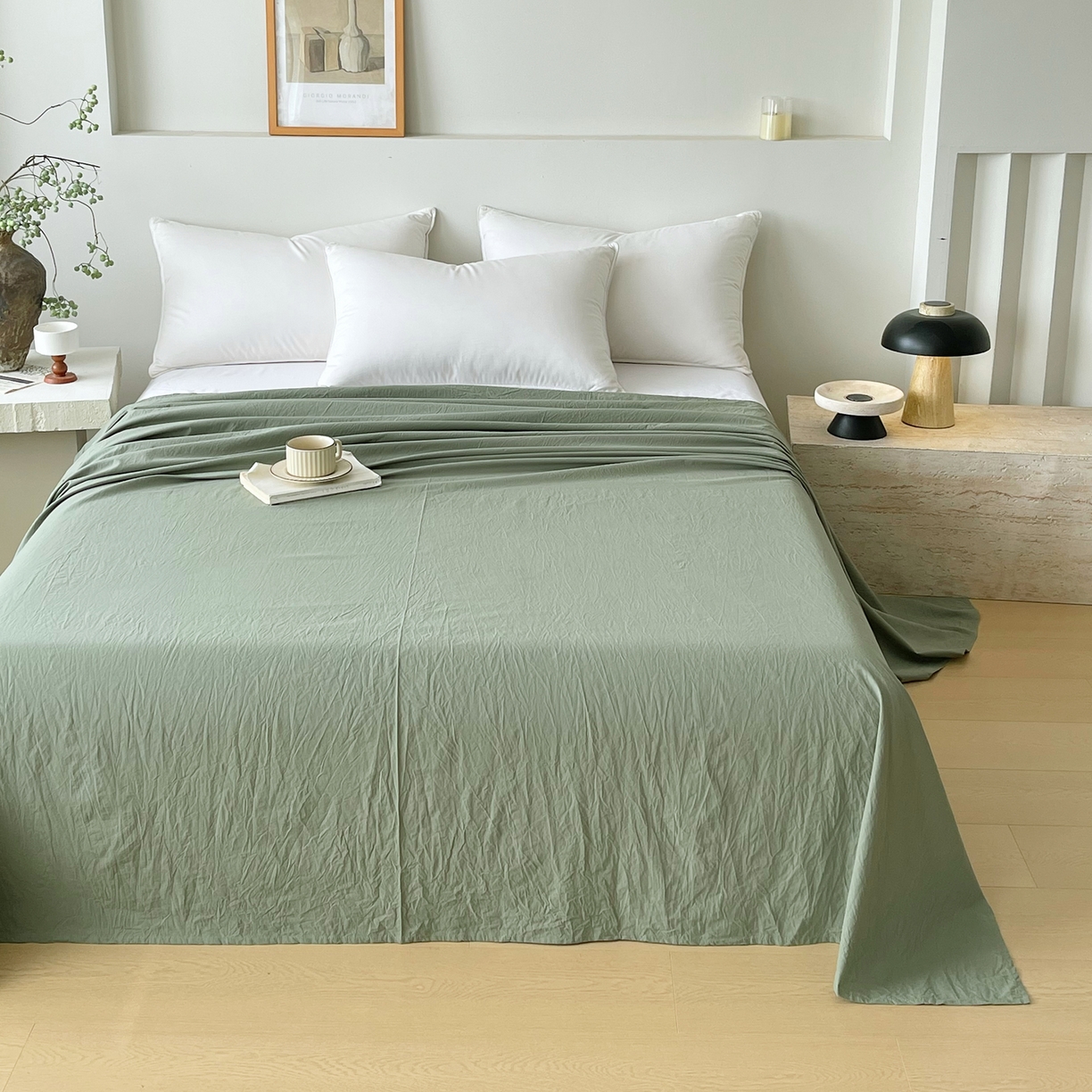 91家纺网 家纺一手货源 找家纺 春皖家纺 2026春夏新款全棉纯棉水洗棉单品系列床单单件床单单品-B版单床单 素雅军绿