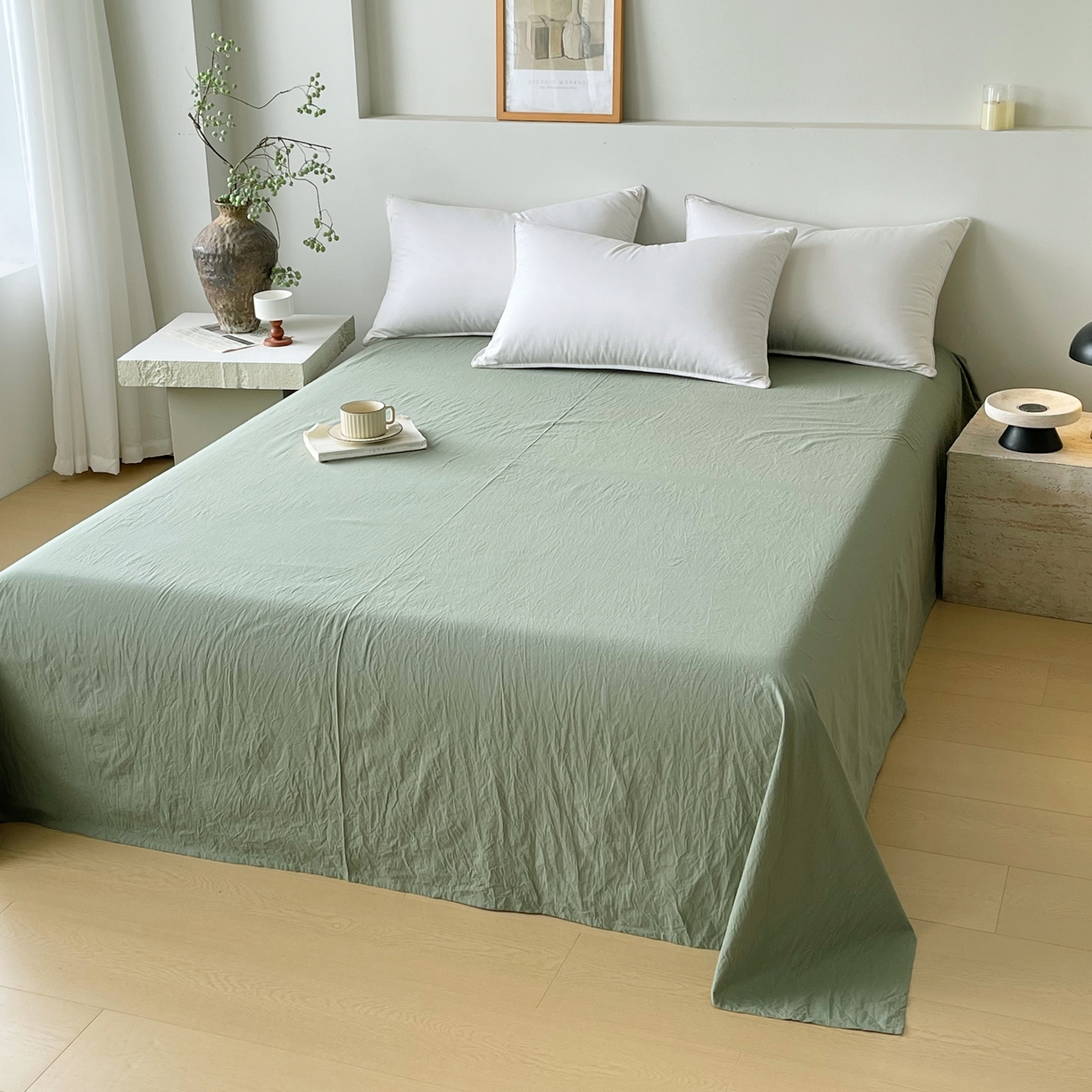 91家纺网 家纺一手货源 找家纺 春皖家纺 2026春夏新款全棉纯棉水洗棉单品系列床单单件床单单品-B版单床单 素雅军绿