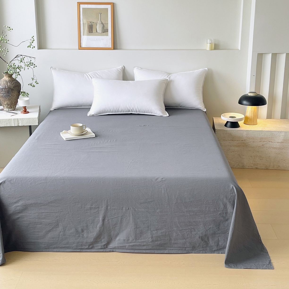 91家纺网 家纺一手货源 找家纺 春皖家纺 2026春夏新款全棉纯棉水洗棉单品系列床单单件床单单品-B版单床单 素雅墨灰