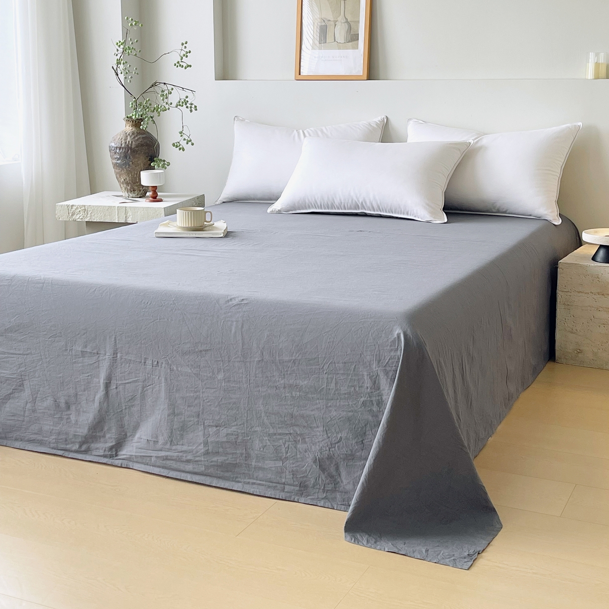 91家纺网 家纺一手货源 找家纺 春皖家纺 2026春夏新款全棉纯棉水洗棉单品系列床单单件床单单品-B版单床单 素雅墨灰