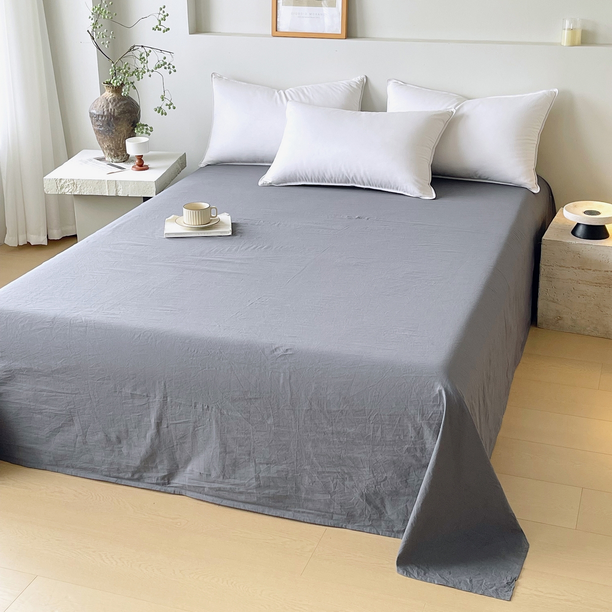 91家纺网 家纺一手货源 找家纺 春皖家纺 2026春夏新款全棉纯棉水洗棉单品系列床单单件床单单品-B版单床单 素雅墨灰