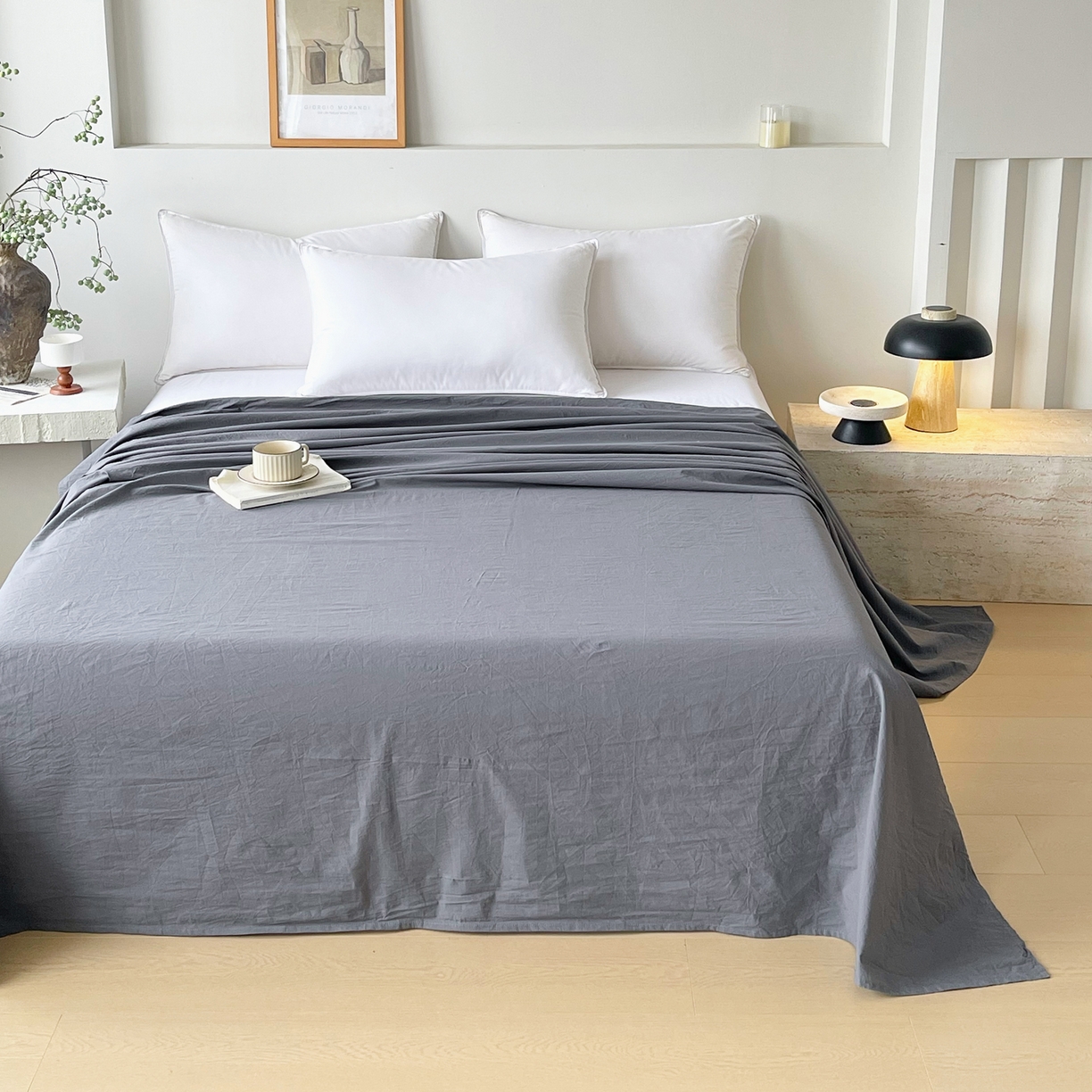 91家纺网 家纺一手货源 找家纺 春皖家纺 2026春夏新款全棉纯棉水洗棉单品系列床单单件床单单品-B版单床单 素雅墨灰