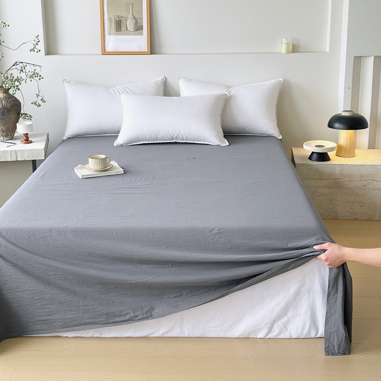 91家纺网 家纺一手货源 找家纺 春皖家纺 2026春夏新款全棉纯棉水洗棉单品系列床单单件床单单品-B版单床单 素雅墨灰