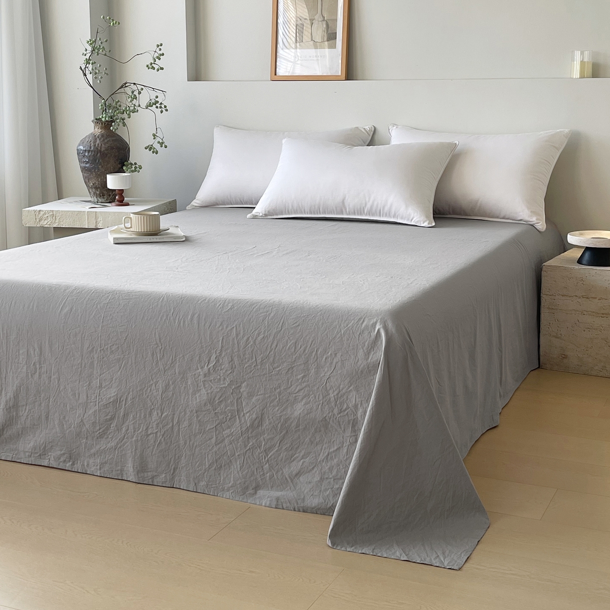 91家纺网 家纺一手货源 找家纺 春皖家纺 2026春夏新款全棉纯棉水洗棉单品系列床单单件床单单品-B版单床单 素雅浅灰