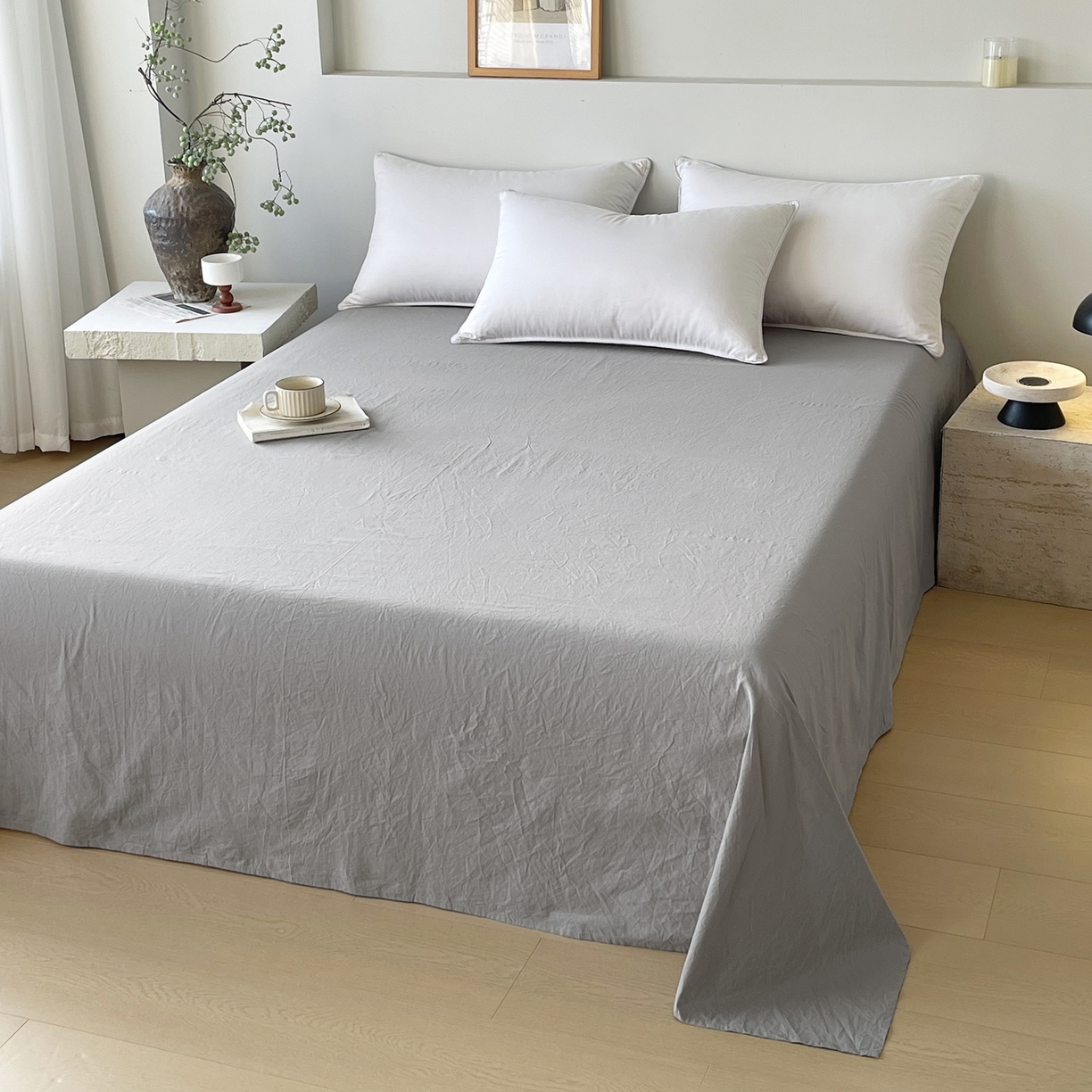 91家纺网 家纺一手货源 找家纺 春皖家纺 2026春夏新款全棉纯棉水洗棉单品系列床单单件床单单品-B版单床单 素雅浅灰