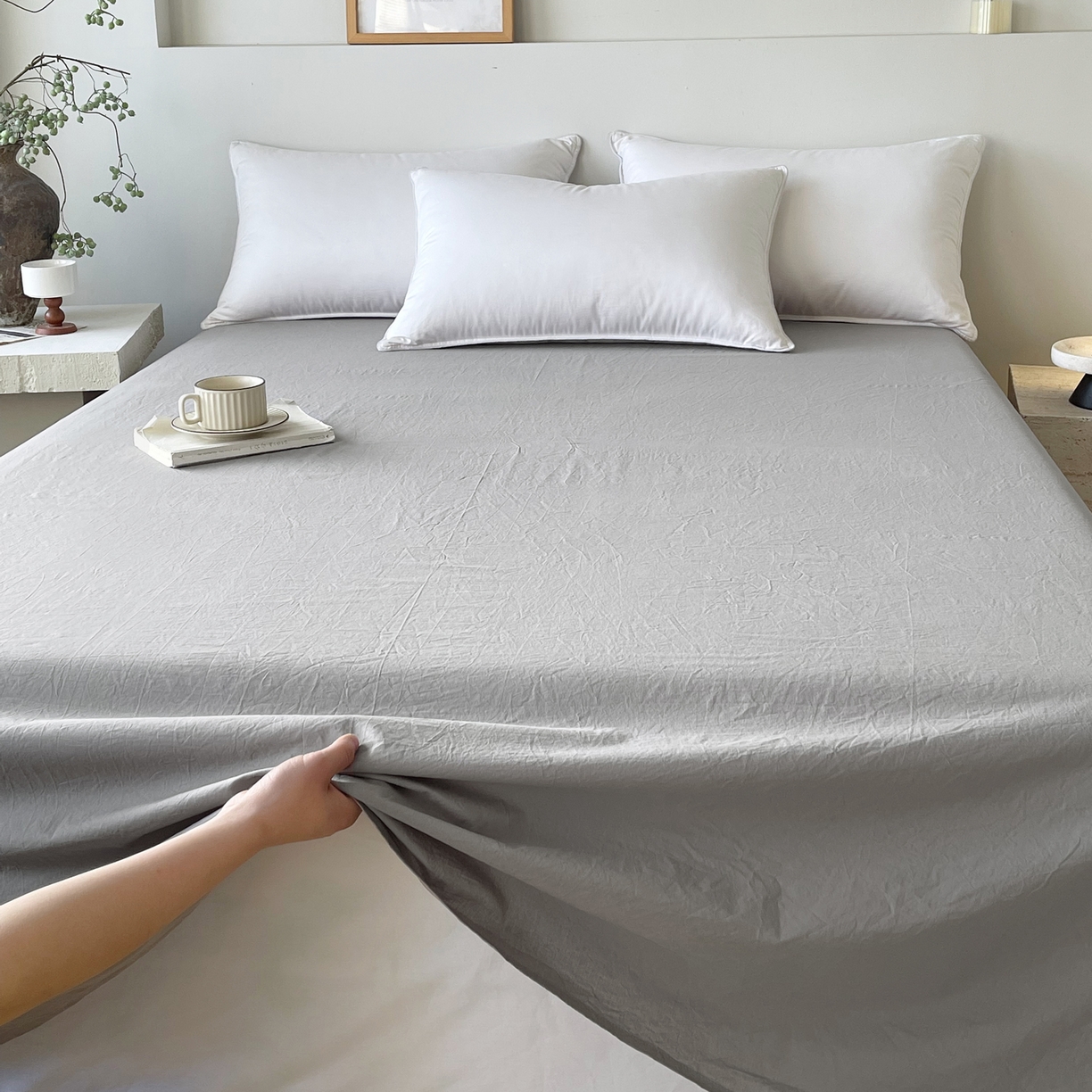 91家纺网 家纺一手货源 找家纺 春皖家纺 2026春夏新款全棉纯棉水洗棉单品系列床单单件床单单品-B版单床单 素雅浅灰